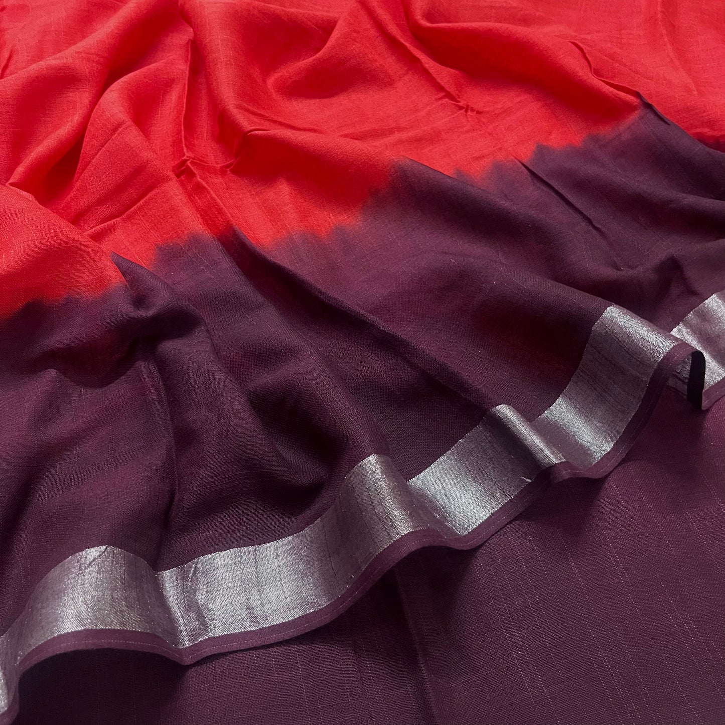 Rust and maroon linen saree with block print all over