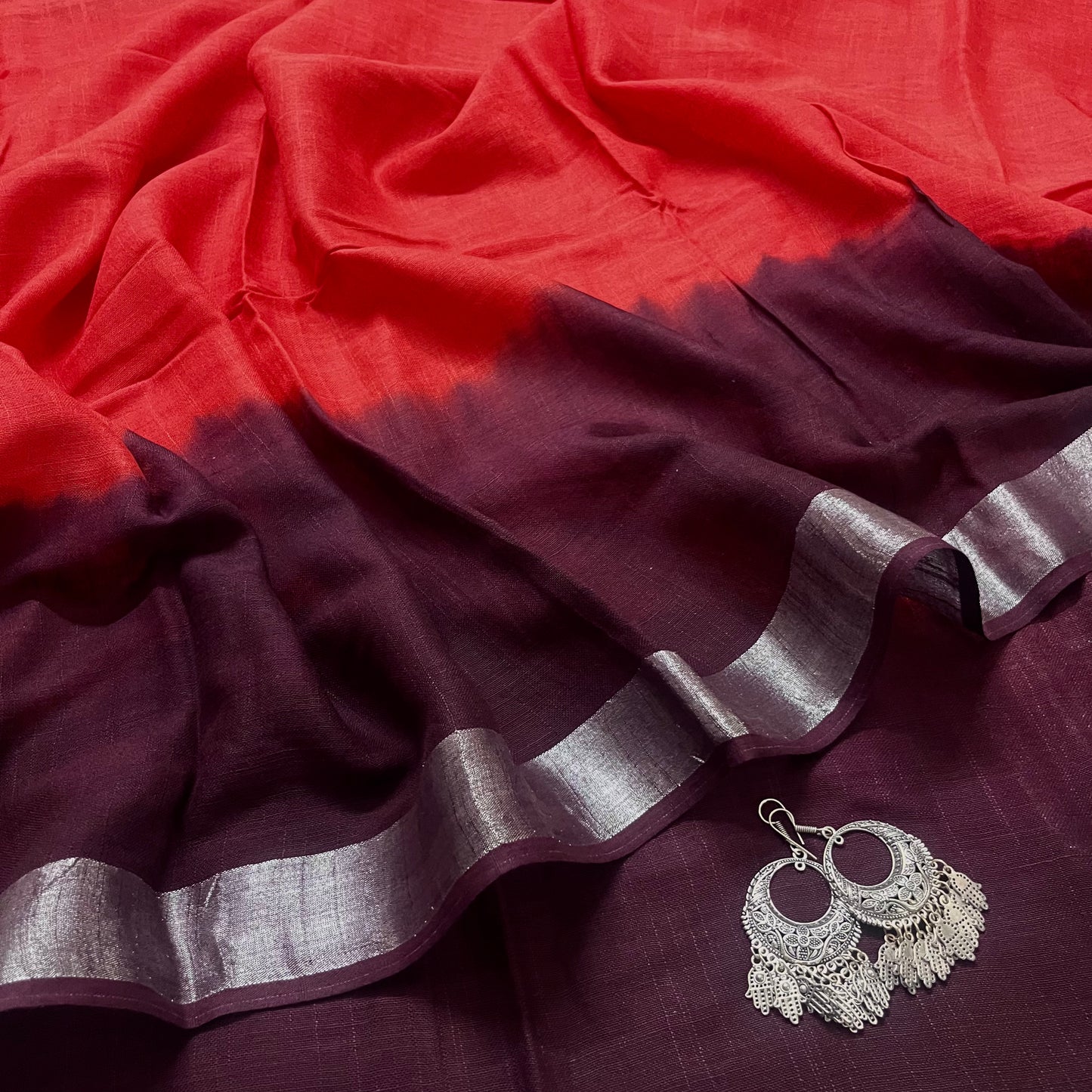 Rust and maroon linen saree with block print all over