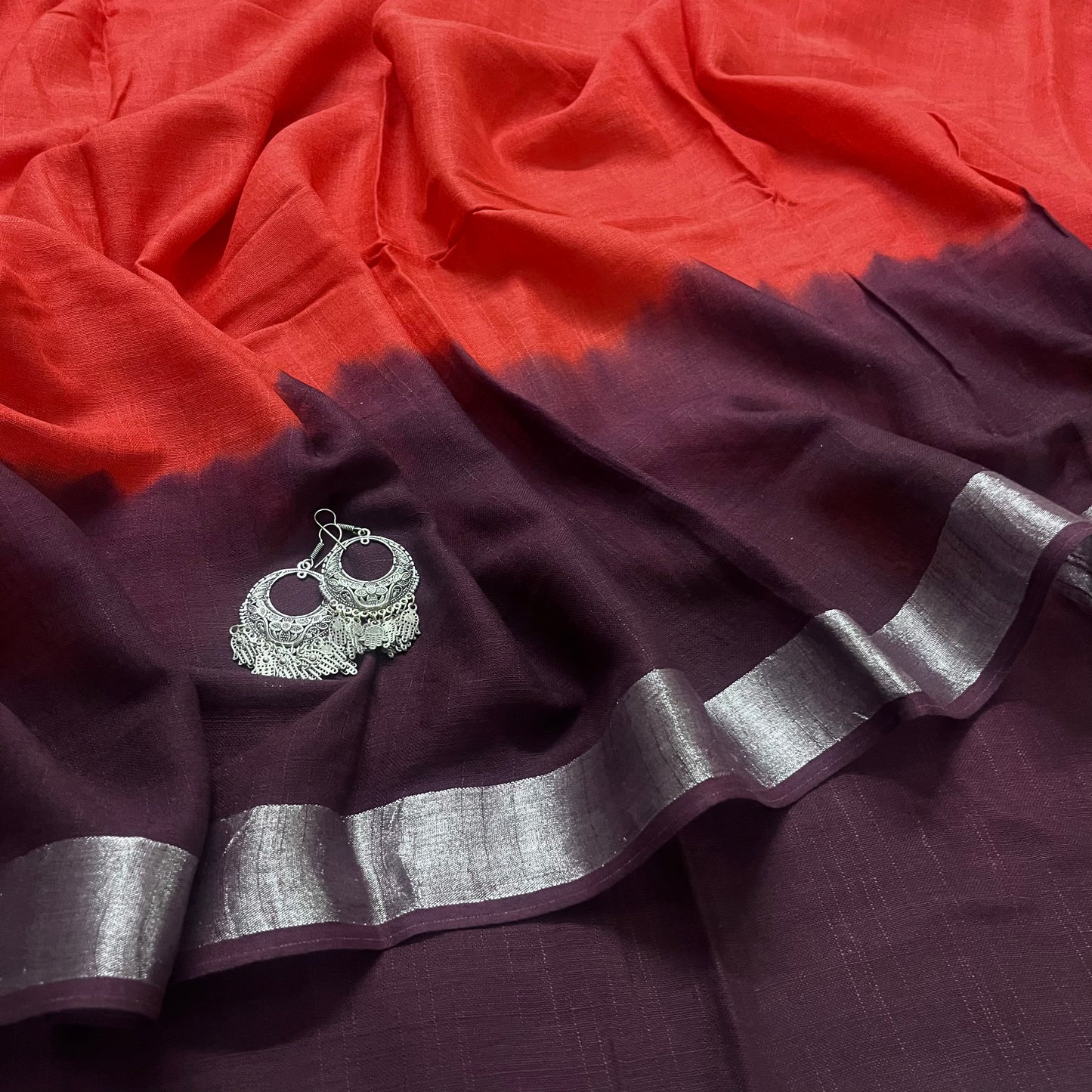 Rust and maroon linen saree with block print all over
