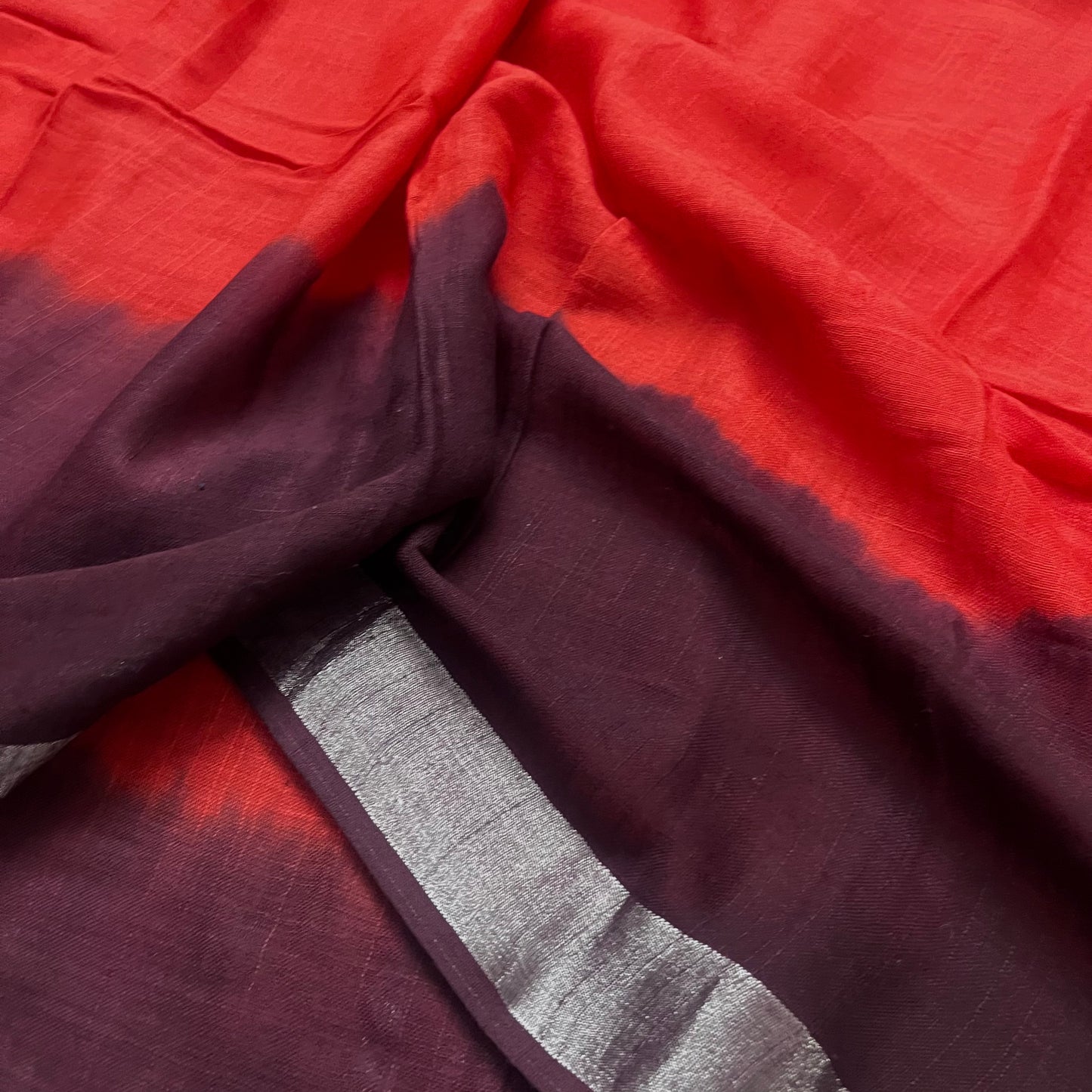 Rust and maroon linen saree with block print all over