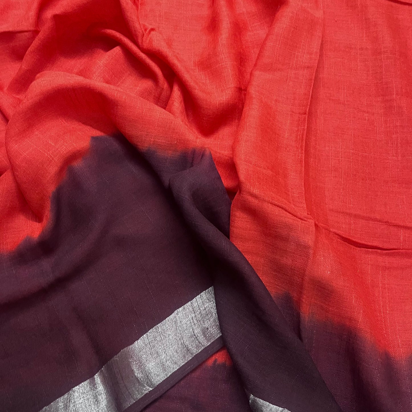 Rust and maroon linen saree with block print all over