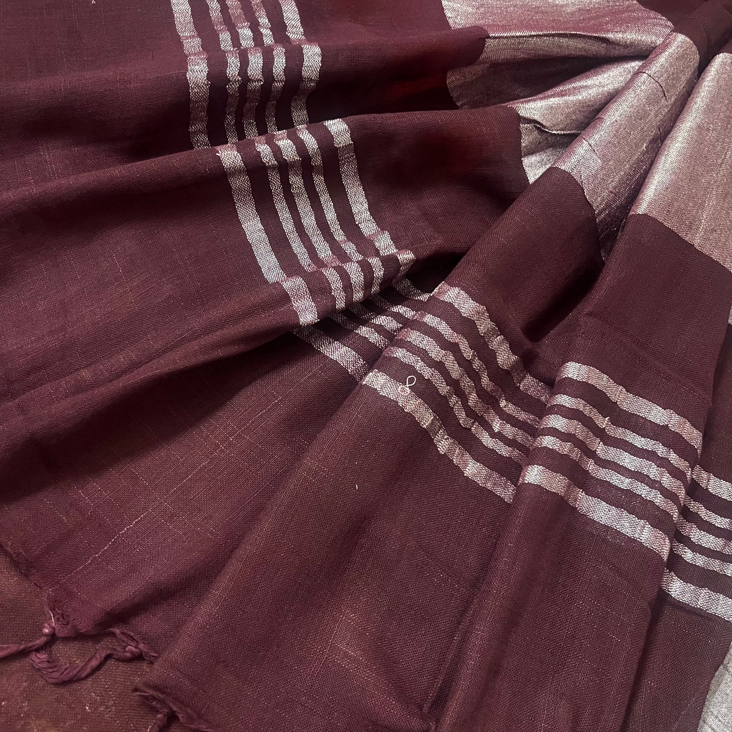 Rust and maroon linen saree with block print all over