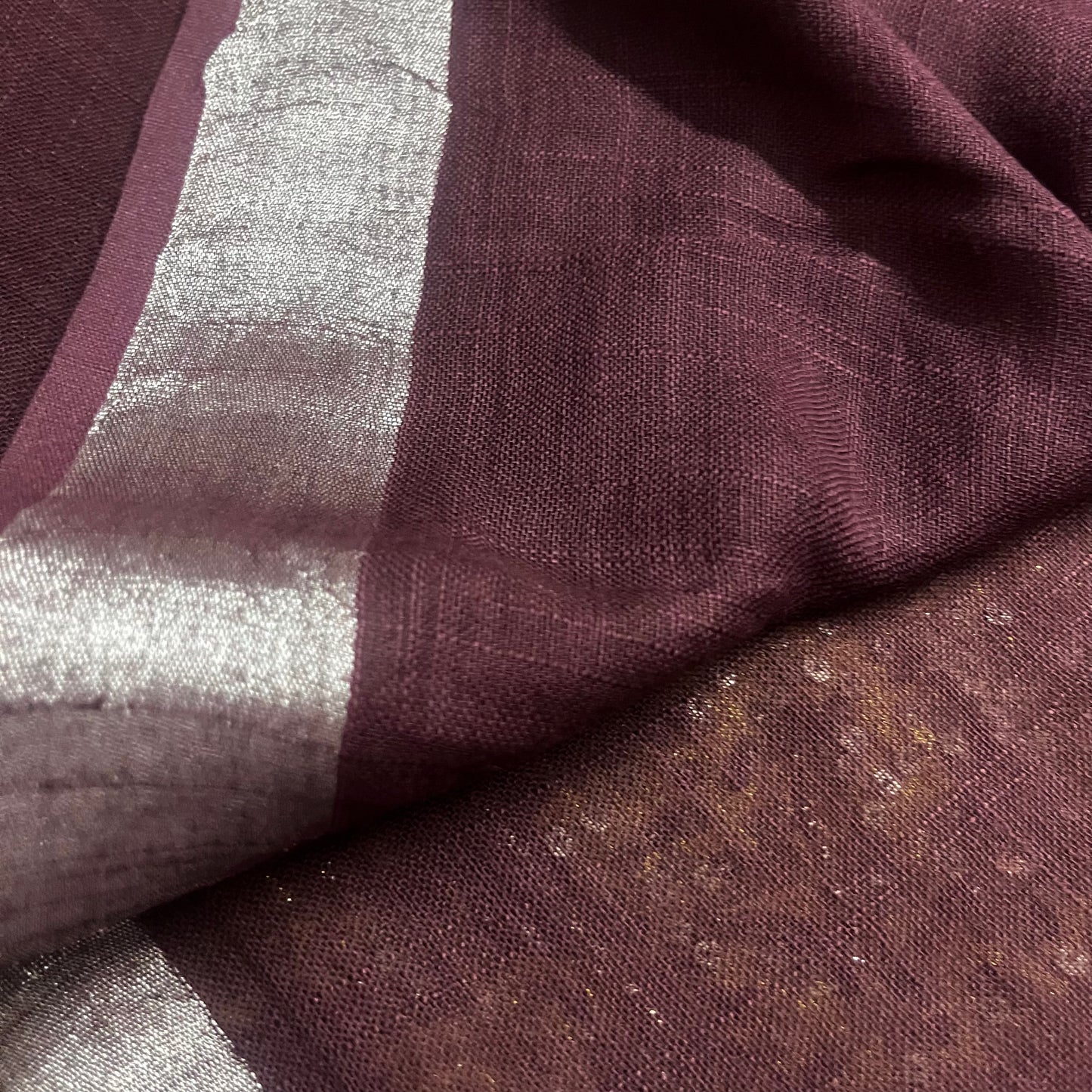 Rust and maroon linen saree with block print all over
