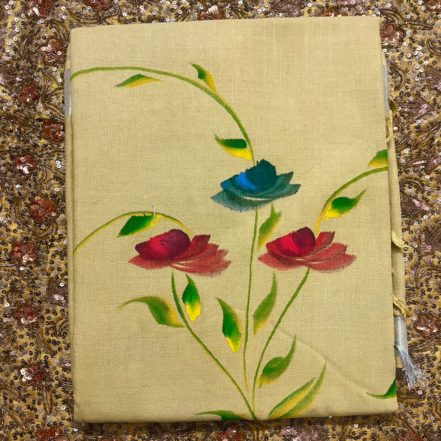 Corn yellow linen saree with hand painten flowers all over