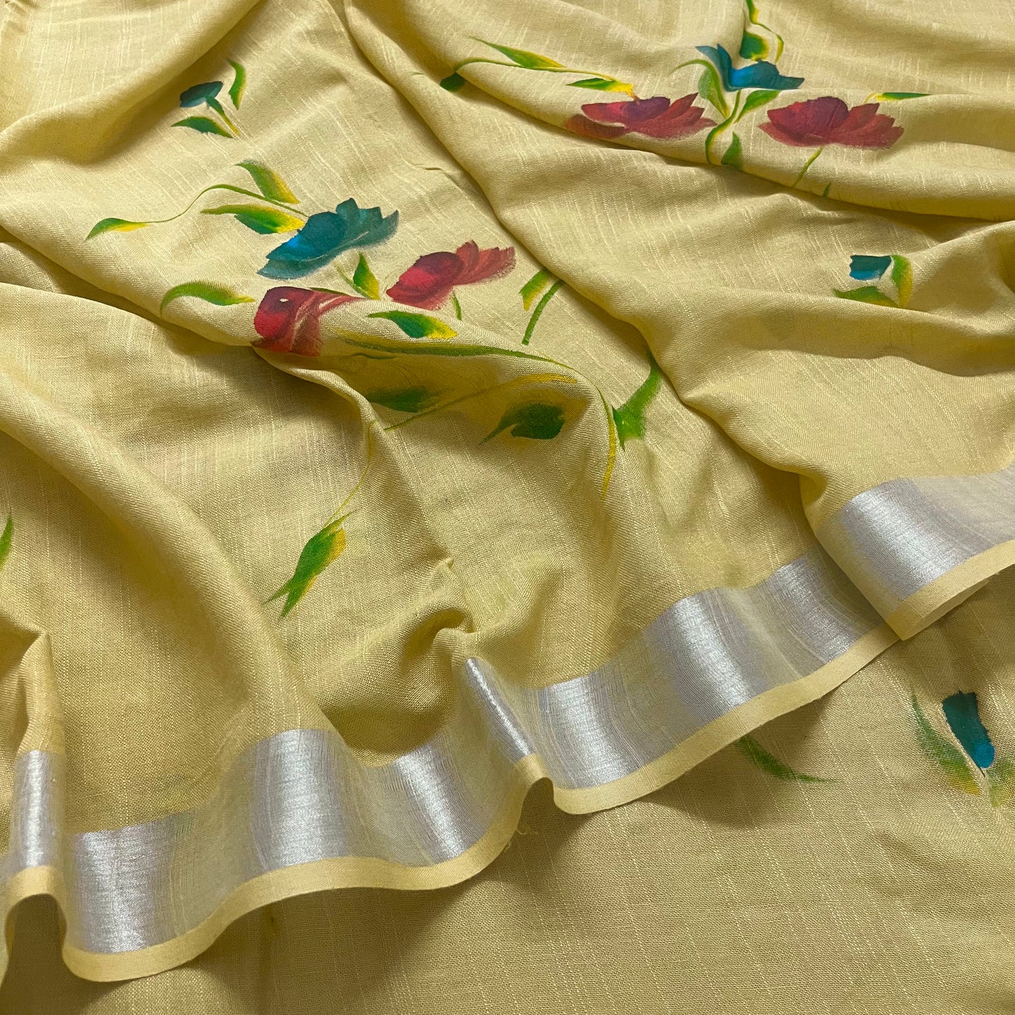 Corn yellow linen saree with hand painten flowers all over