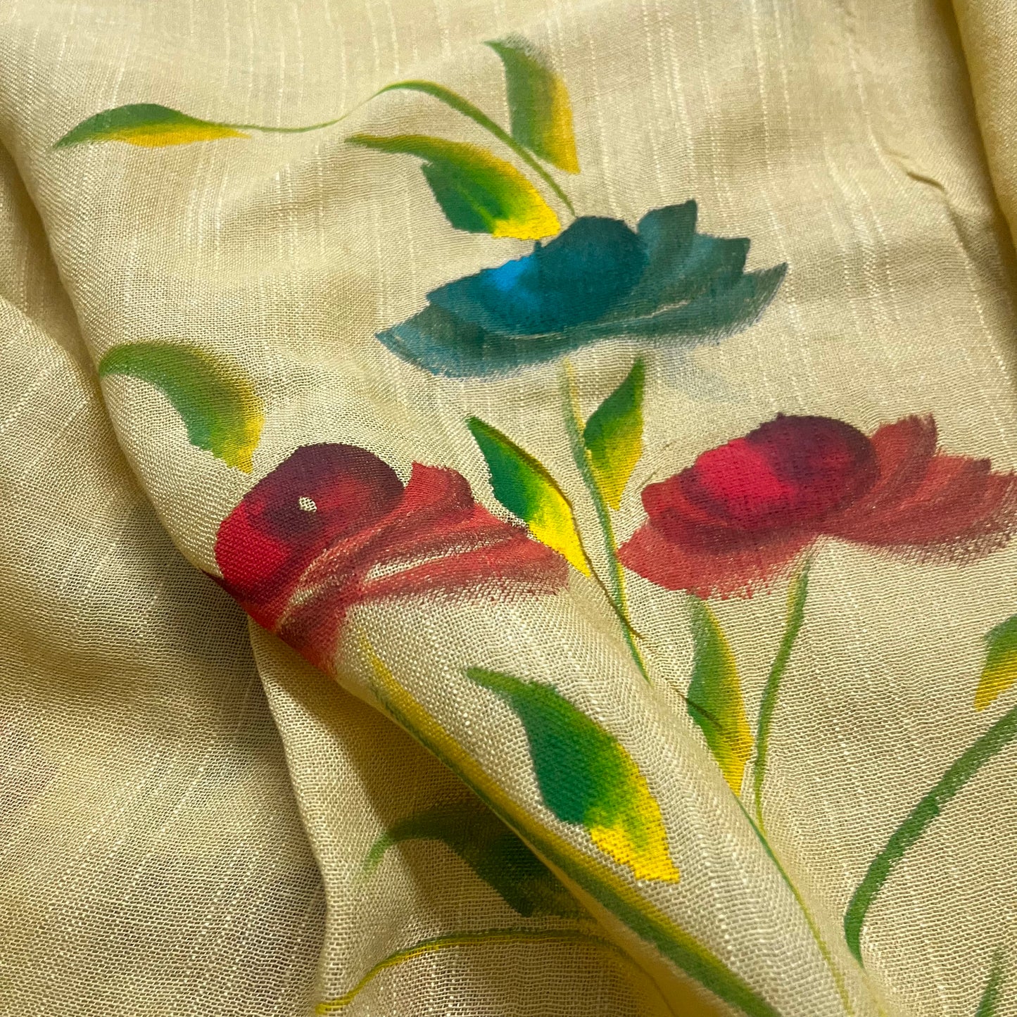Corn yellow linen saree with hand painten flowers all over