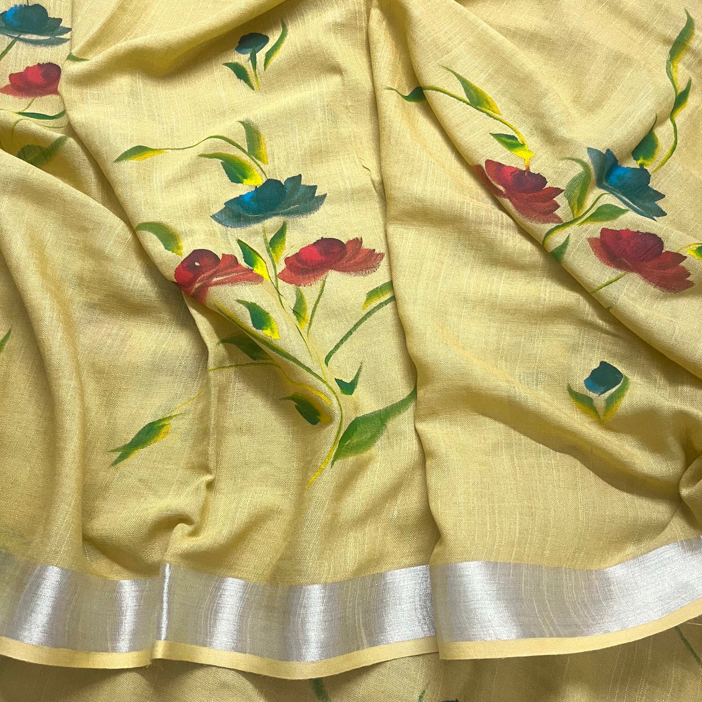 Corn yellow linen saree with hand painten flowers all over