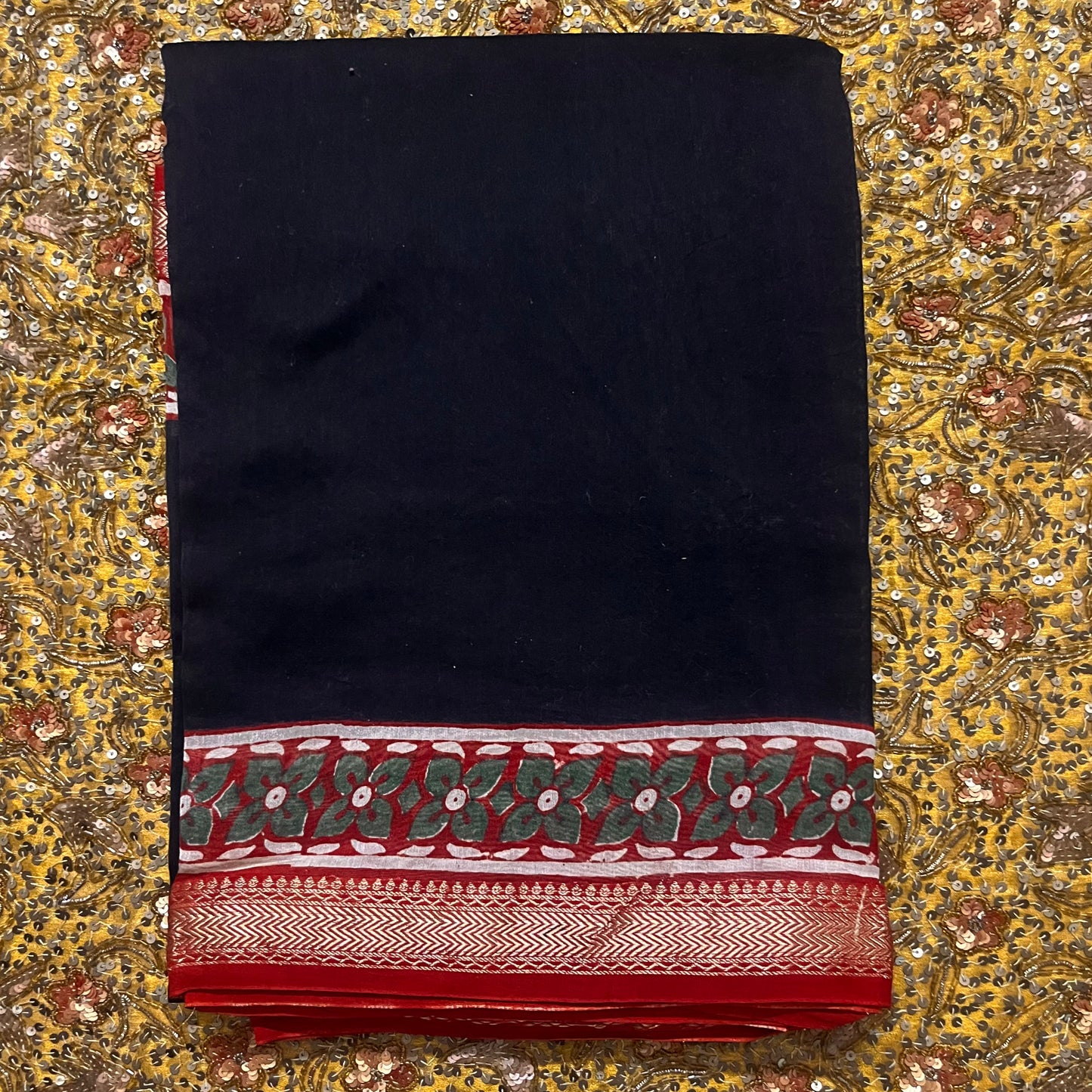 Black maheshwari saree with block print