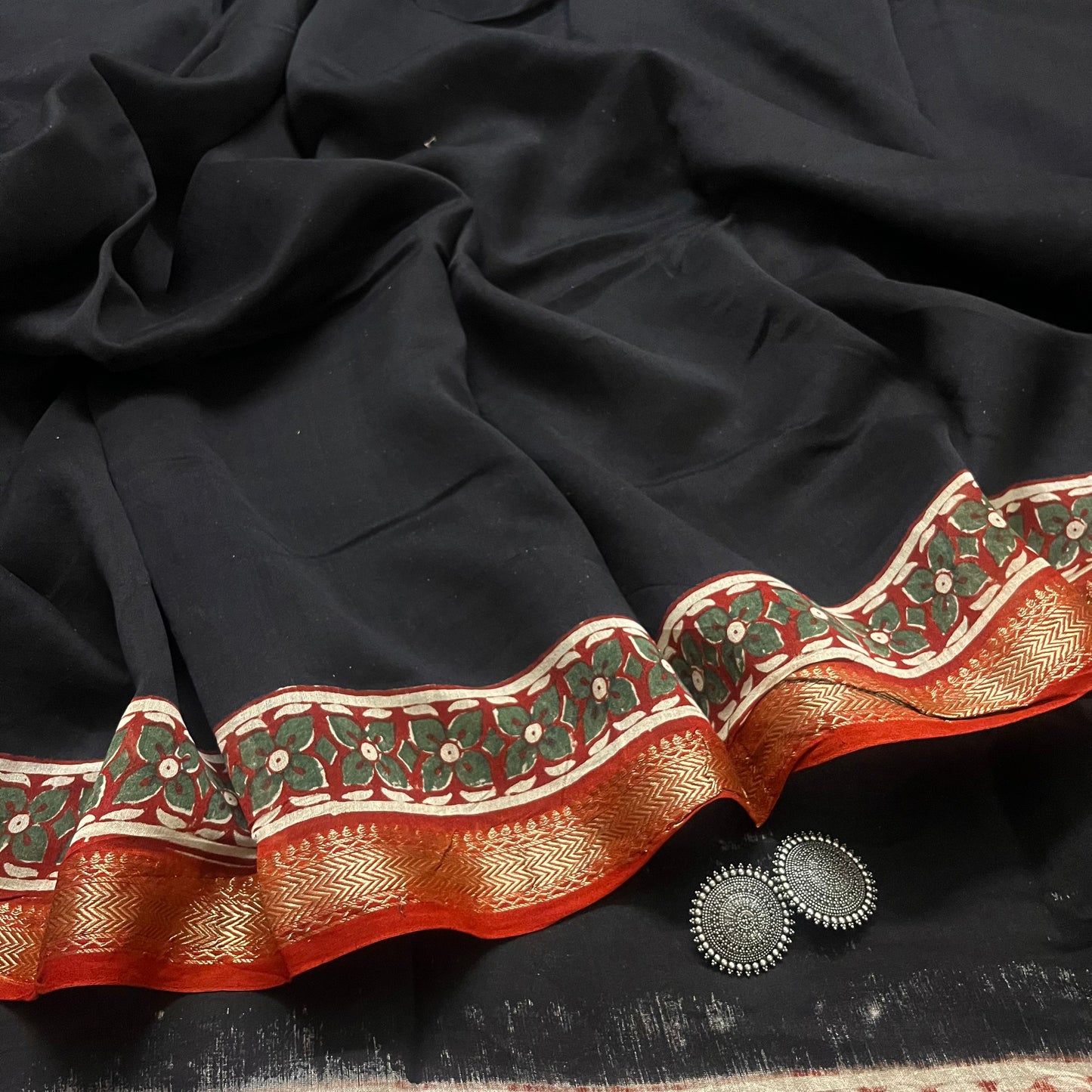 Black maheshwari saree with block print