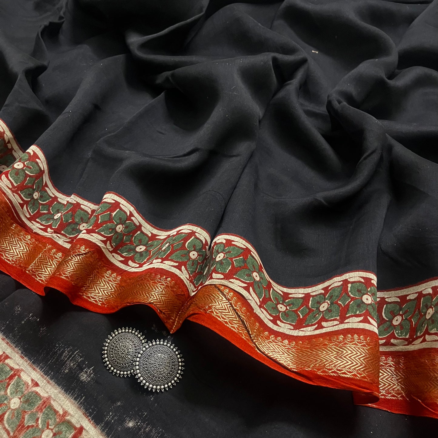 Black maheshwari saree with block print