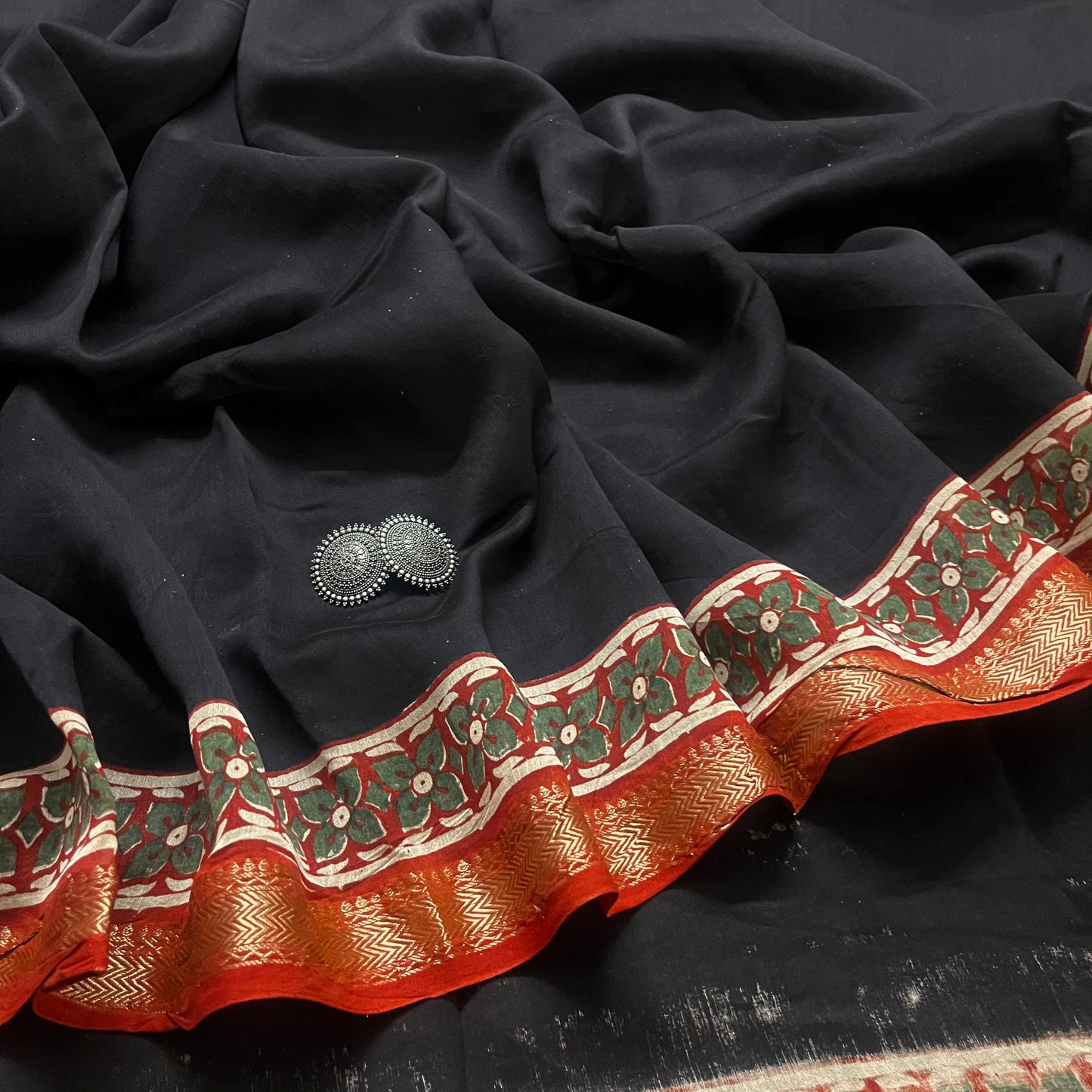 Black maheshwari saree with block print