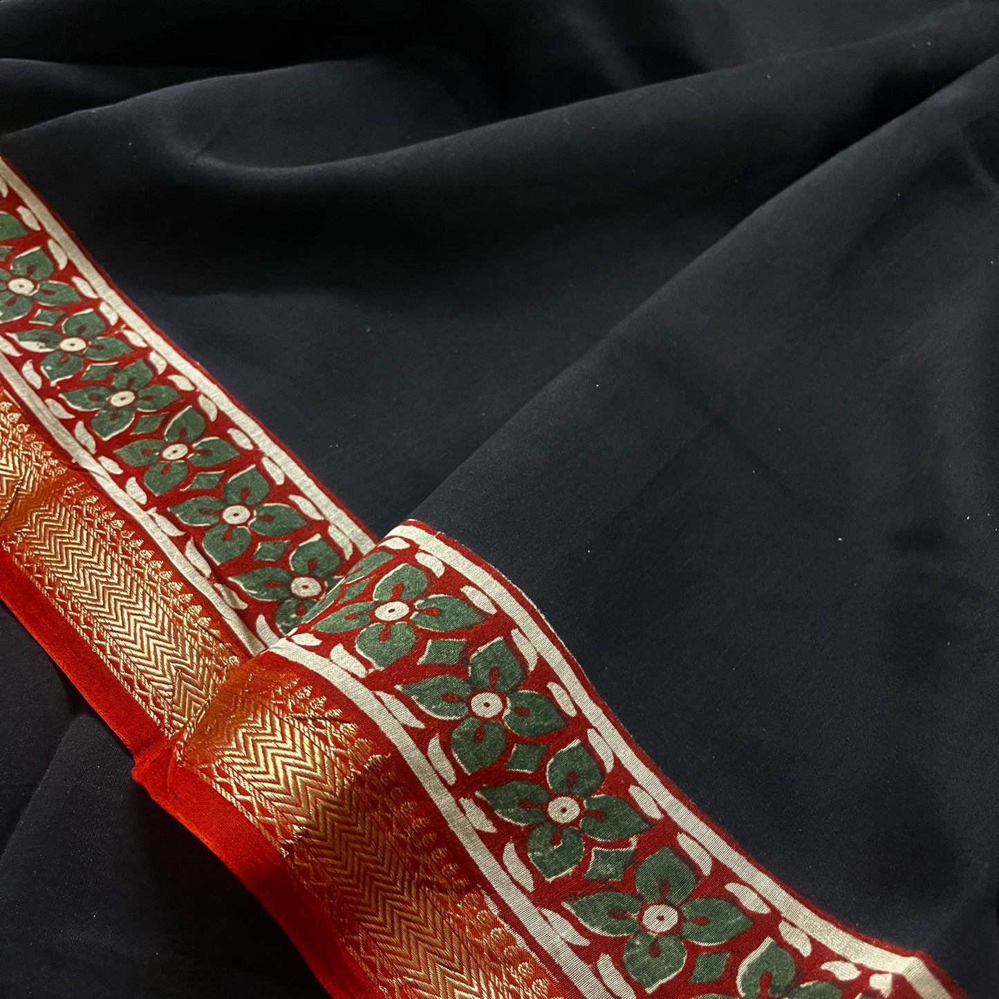 Black maheshwari saree with block print