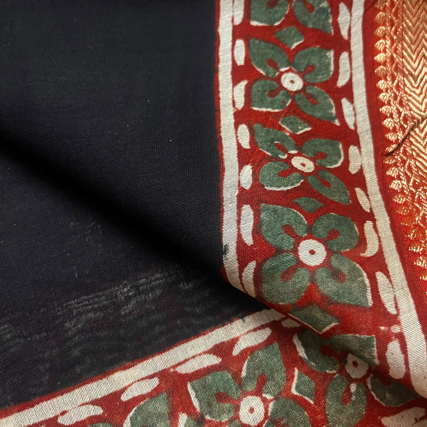 Black maheshwari saree with block print