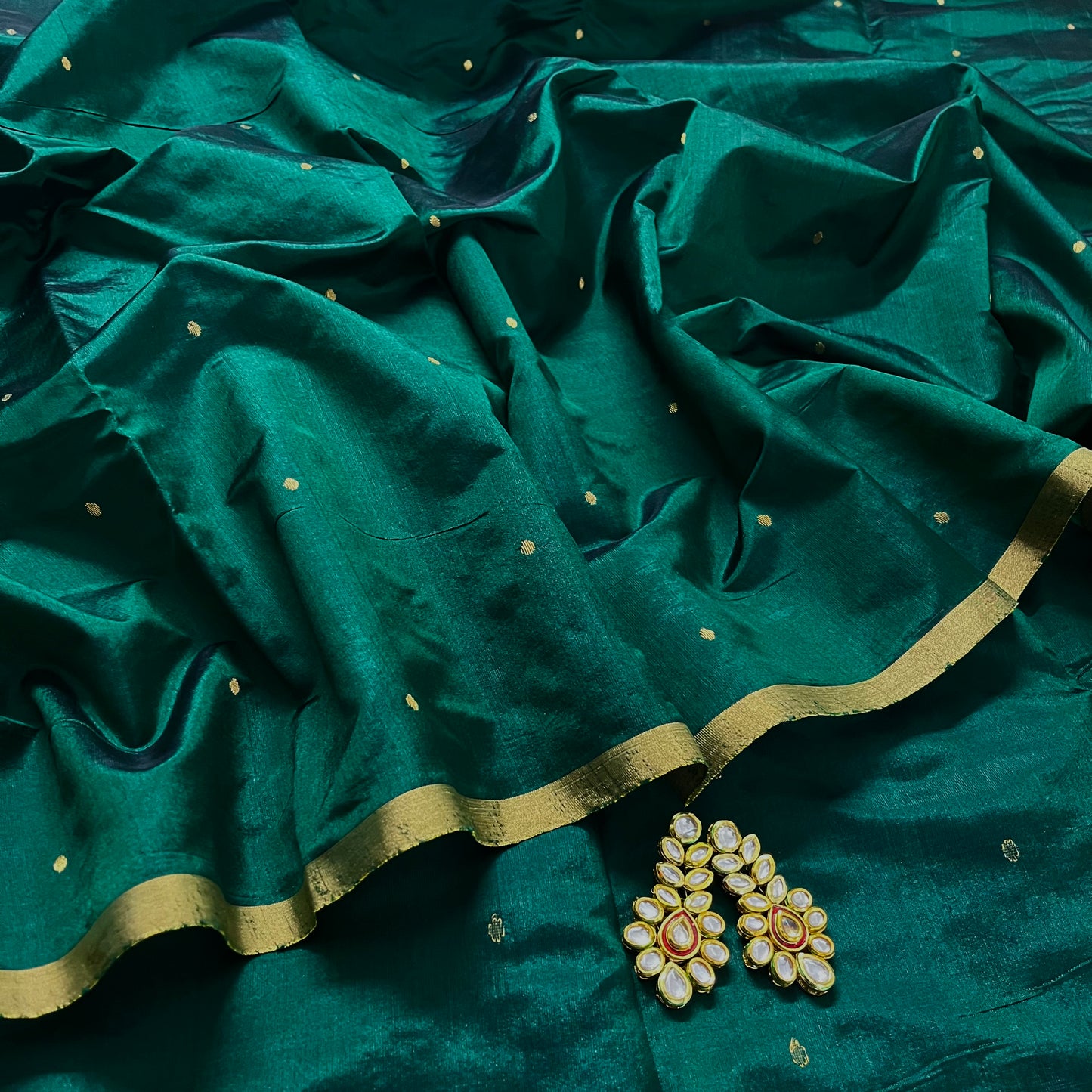 Dark Green Chanderi Silk Saree with Zari Bootis all over