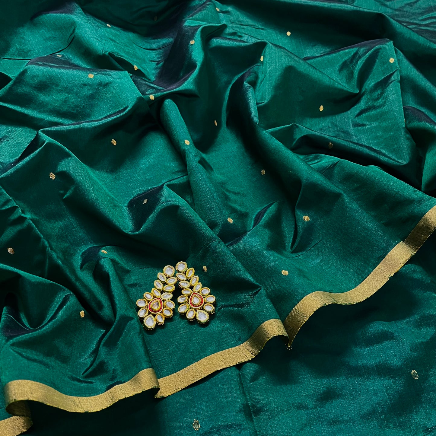 Dark Green Chanderi Silk Saree with Zari Bootis all over