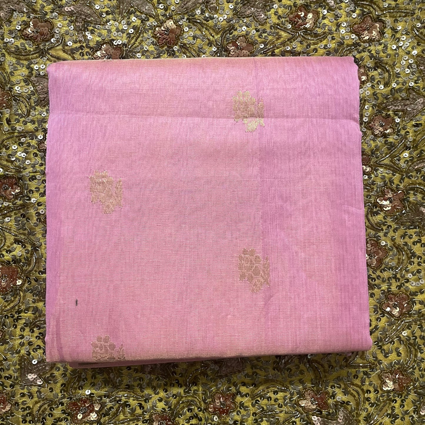Pink maheshwari tissue silk saree with flower motifs all over