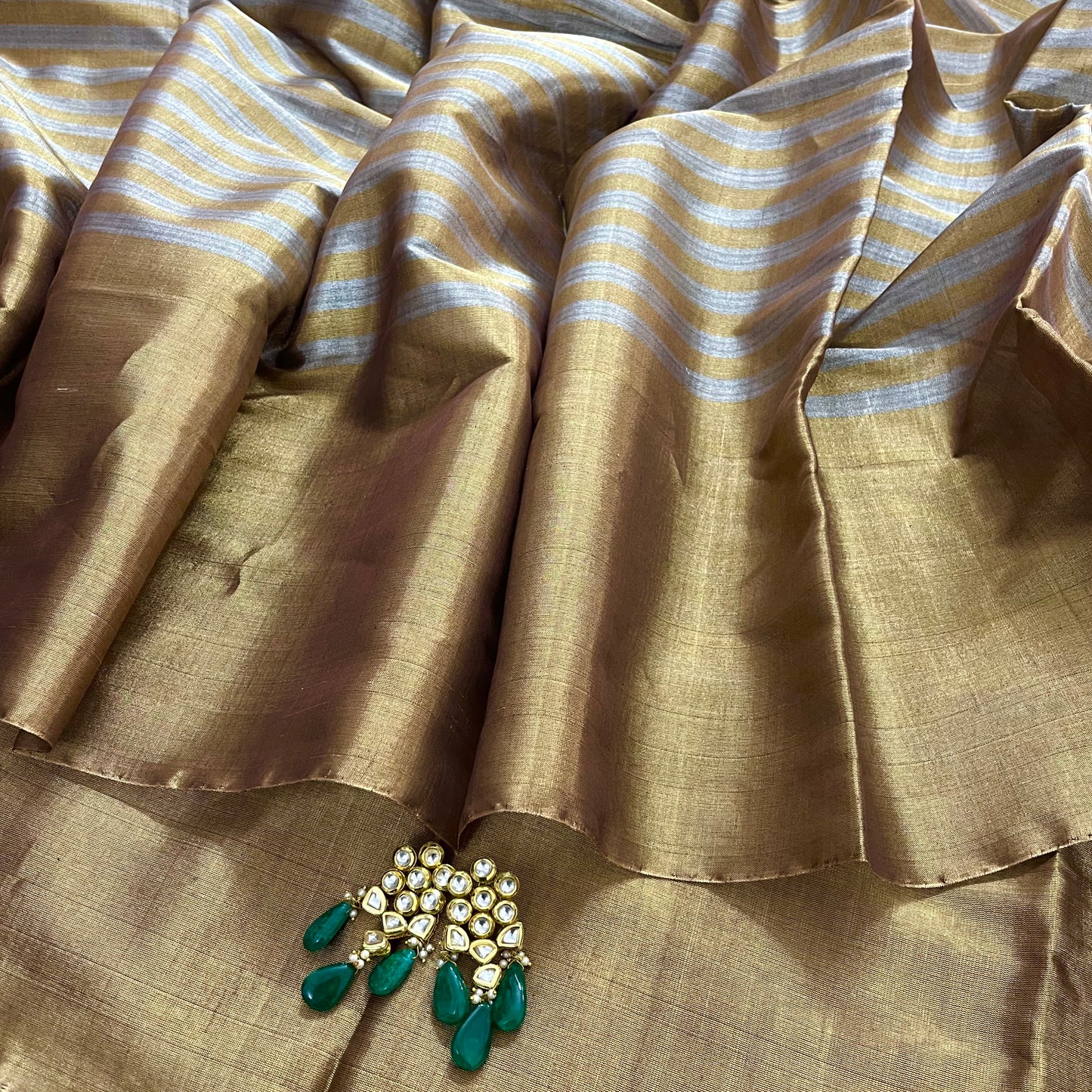 Antique gold and silver striped chanderi tissue silk saree