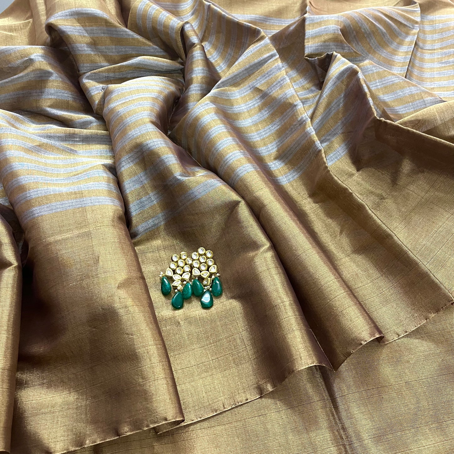 Antique gold and silver striped chanderi tissue silk saree