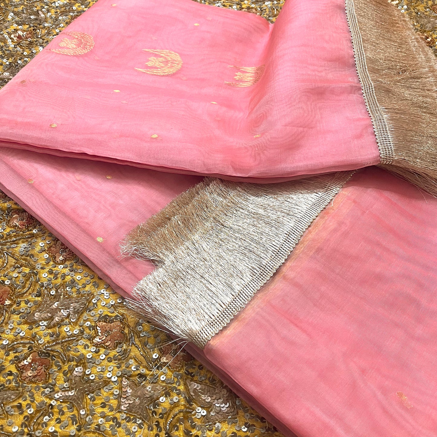 Ballet Pink chanderi silk saree with zari bootis and chaand bootis all over