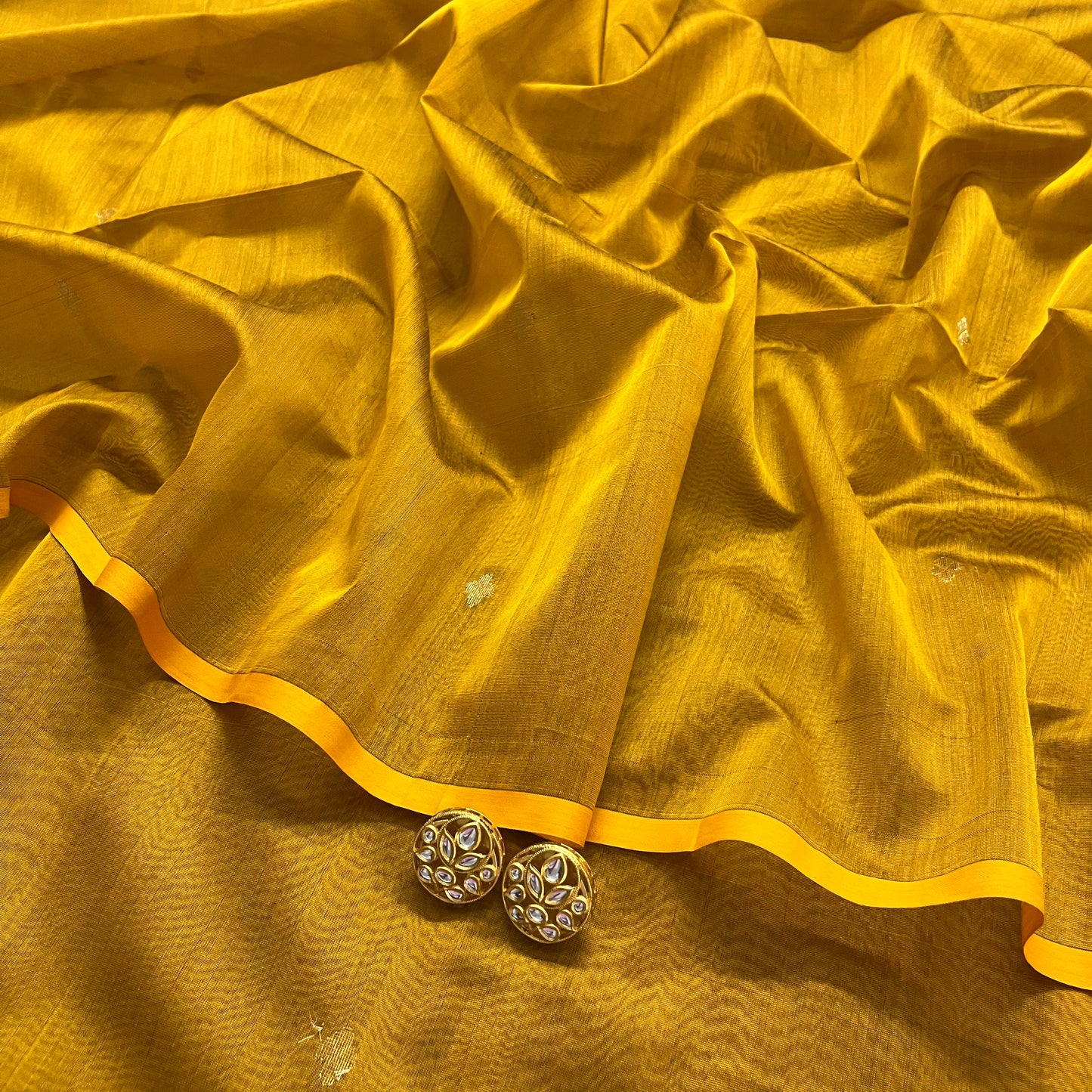 Gold mustard maheshwari saree with zari bootis all over