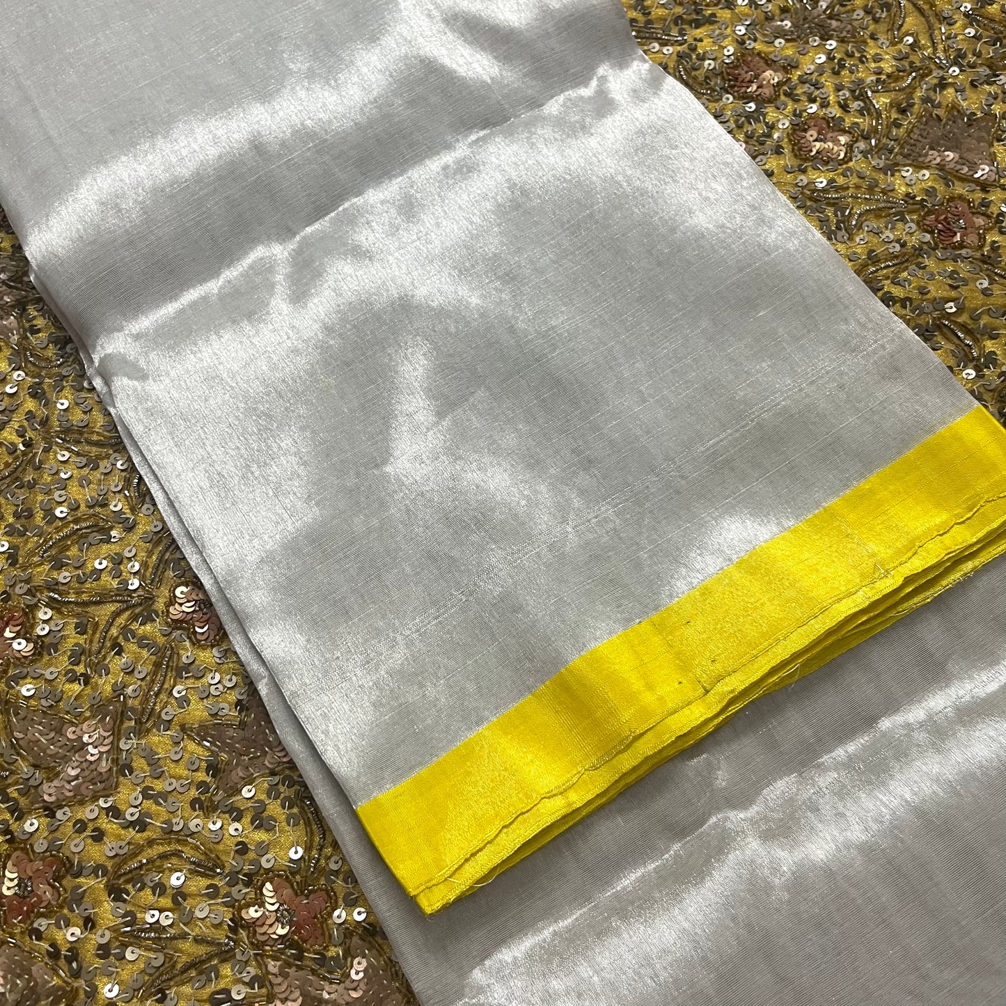 Silver white and lemon chanderi tissue silk saree