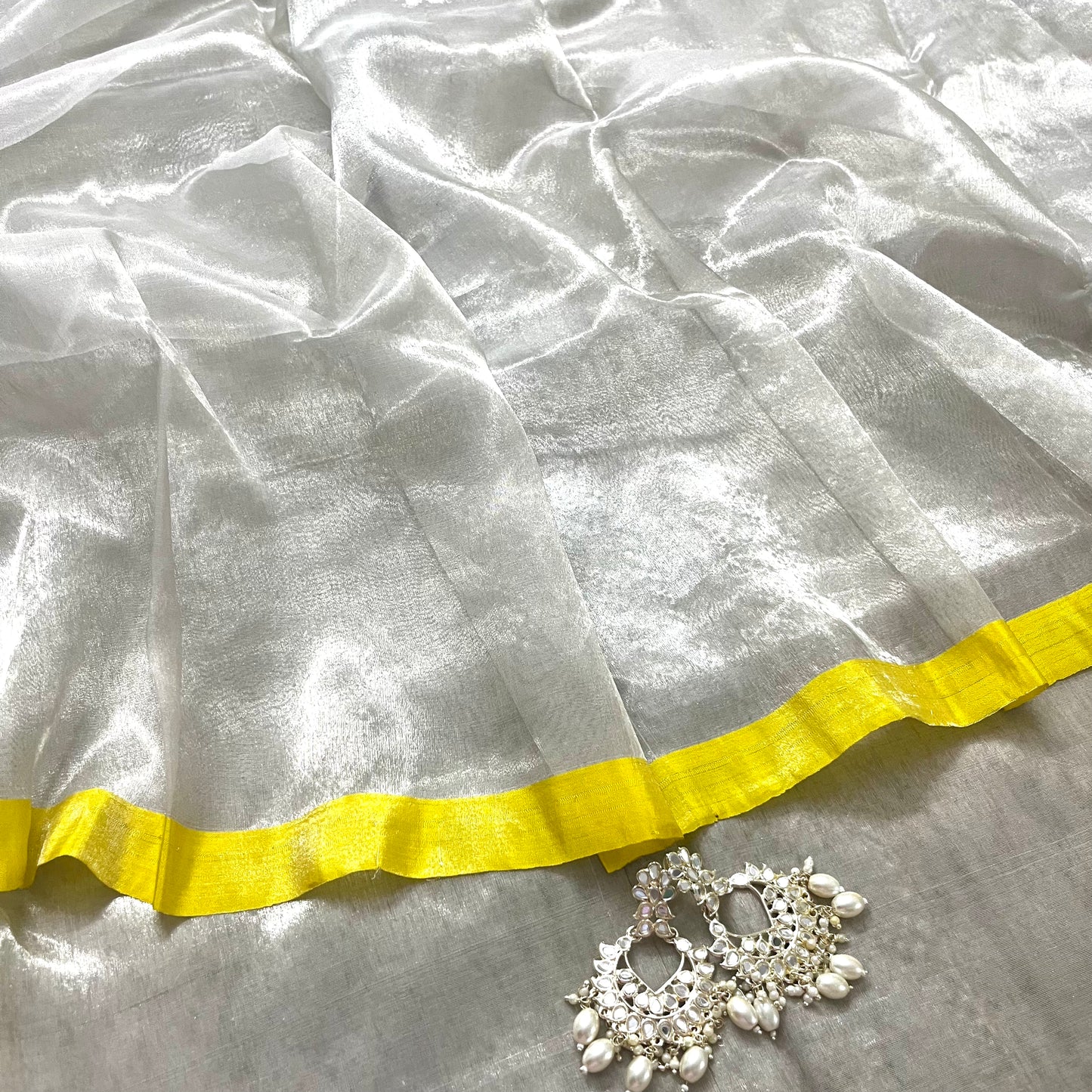 Silver white and lemon chanderi tissue silk saree
