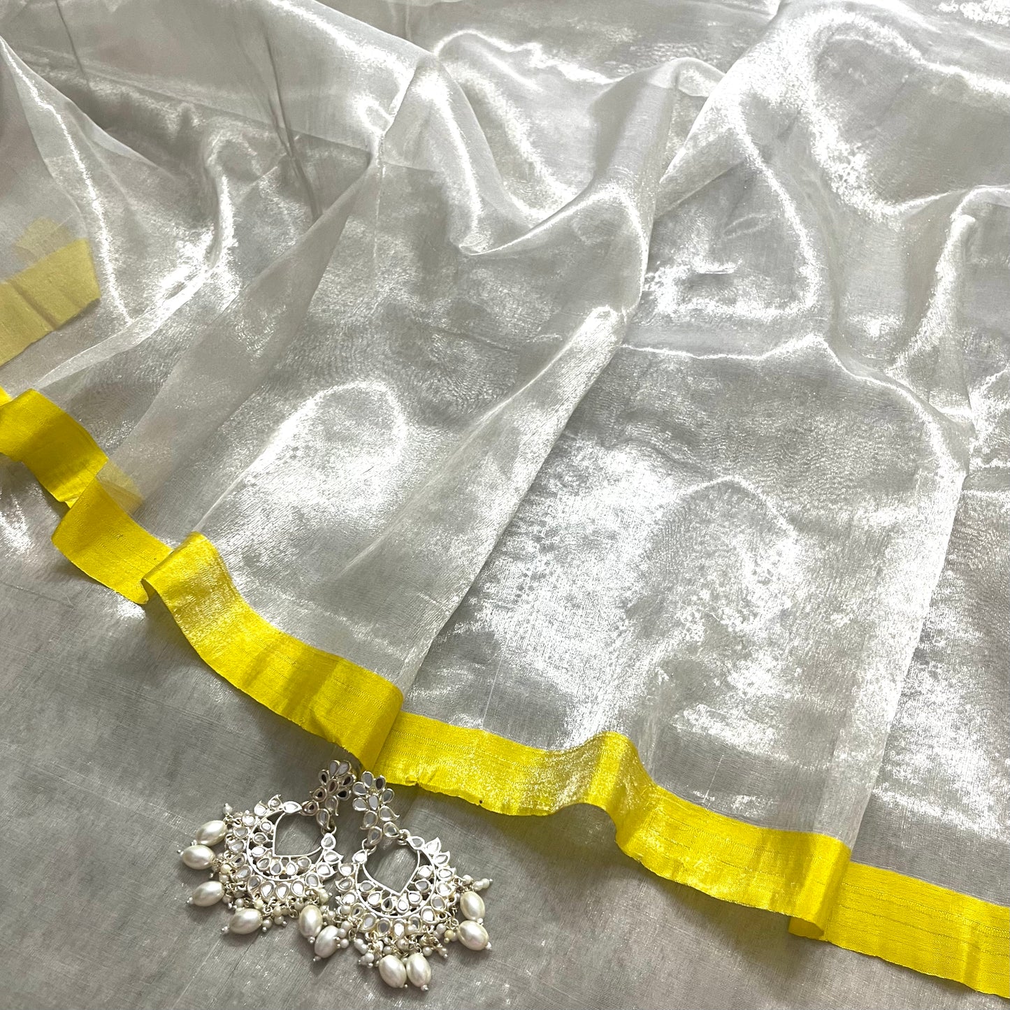 Silver white and lemon chanderi tissue silk saree