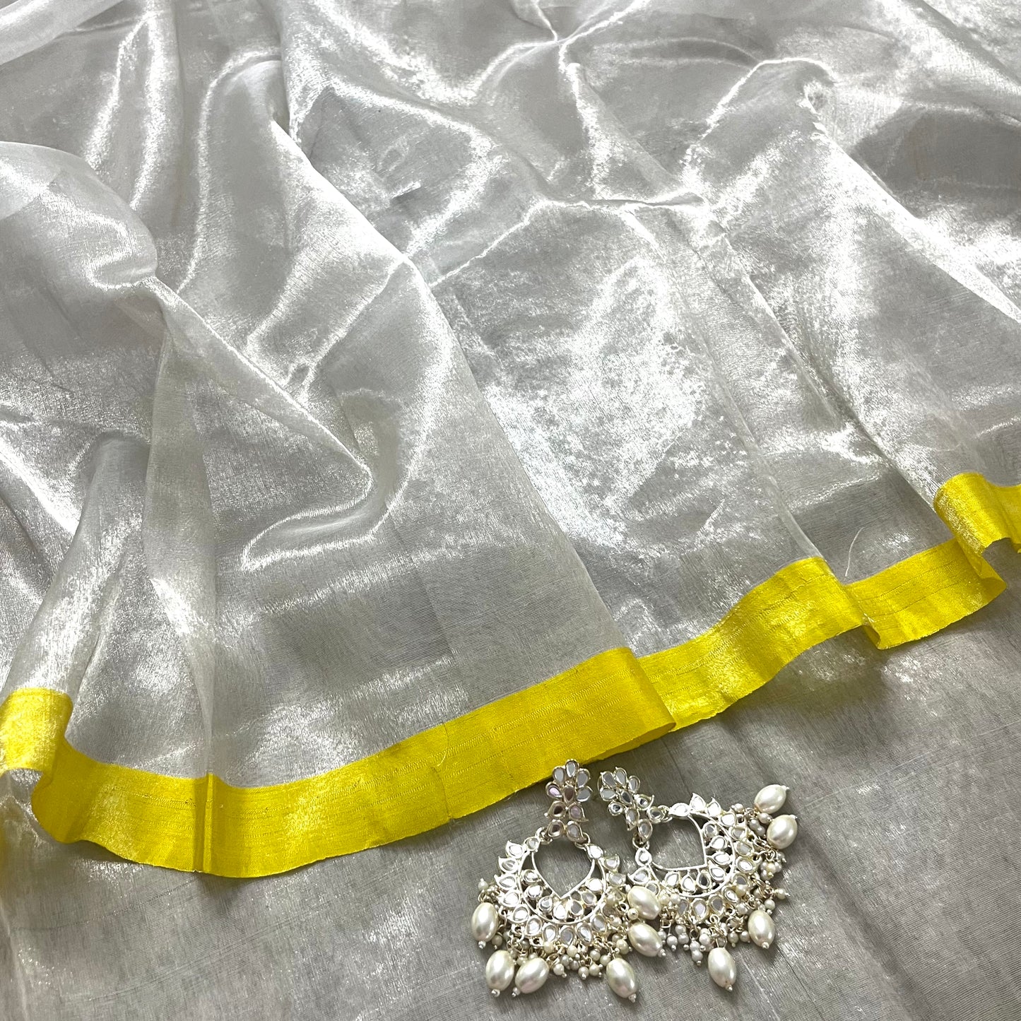 Silver white and lemon chanderi tissue silk saree