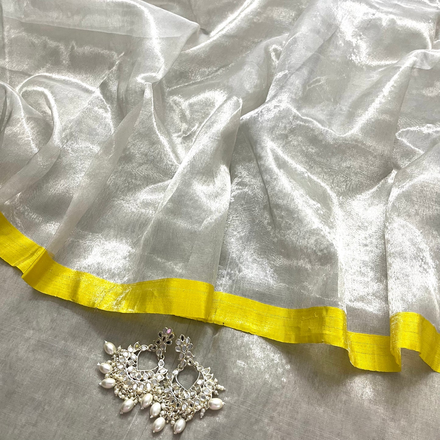 Silver white and lemon chanderi tissue silk saree
