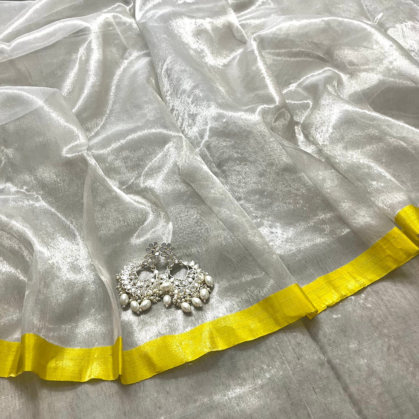 Silver white and lemon chanderi tissue silk saree