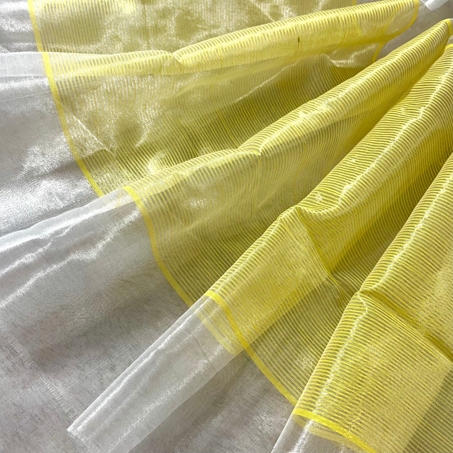 Silver white and lemon chanderi tissue silk saree