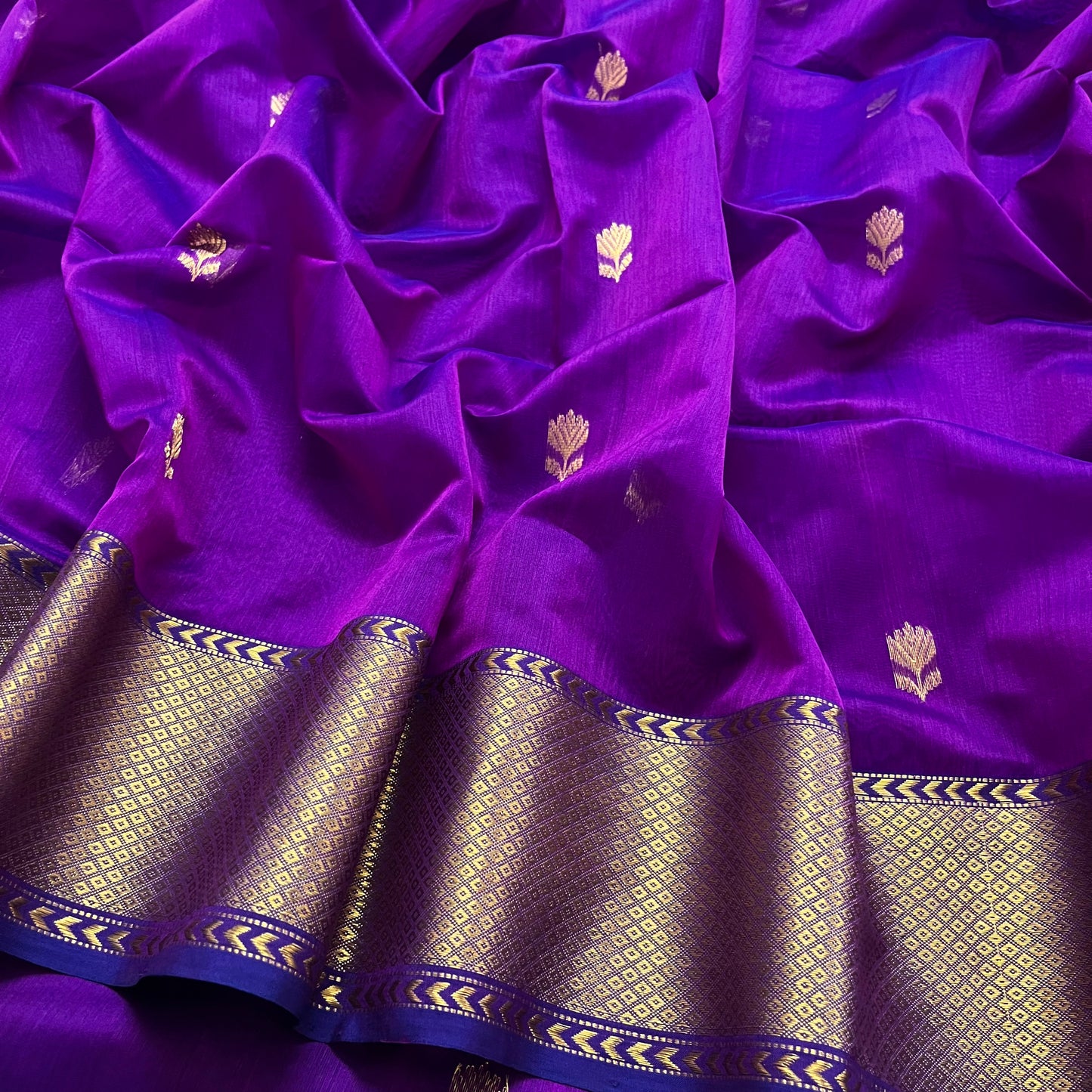 Violet dual tone maheshwari saree with flower motifs all over
