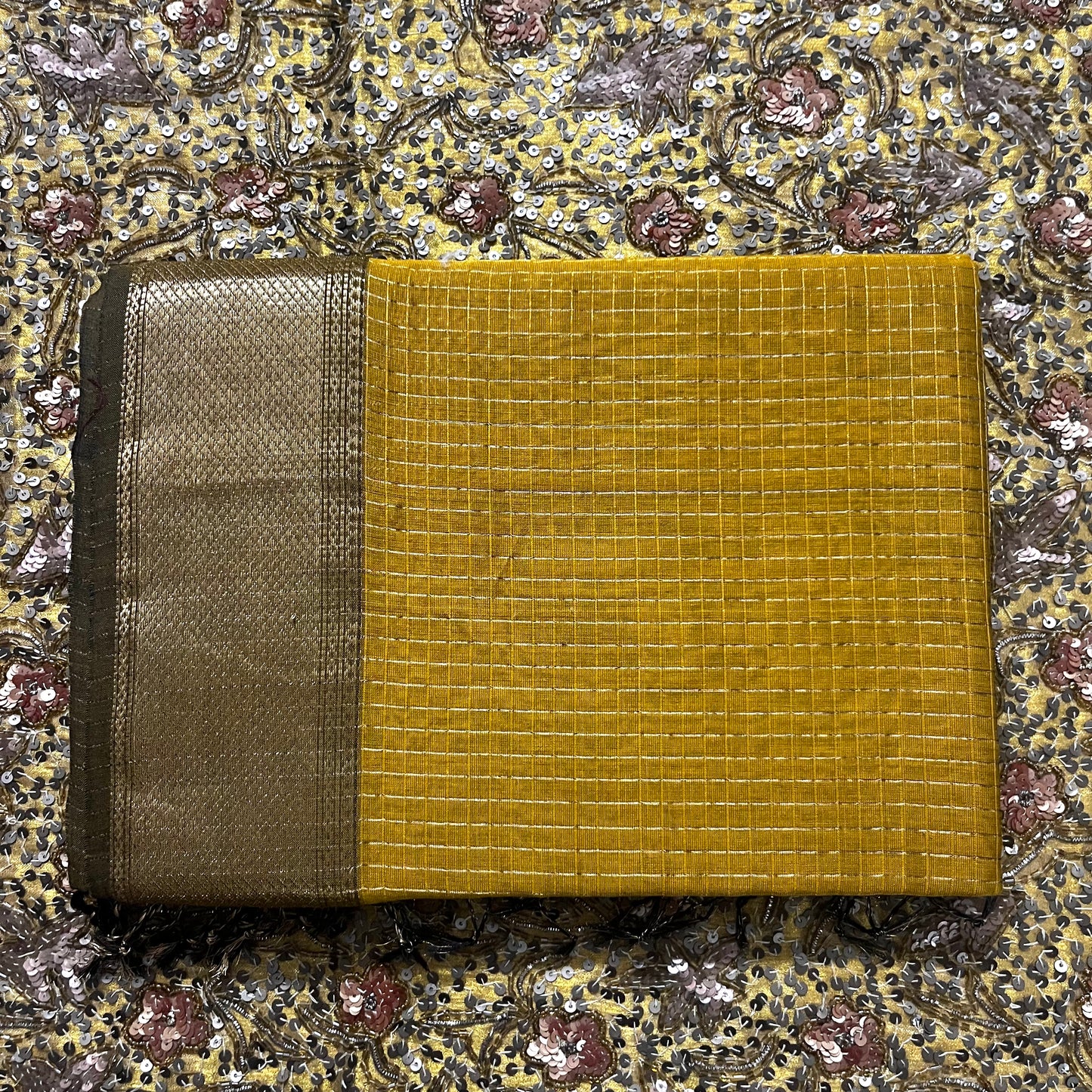 Mustard maheshwari saree with zari checks all over