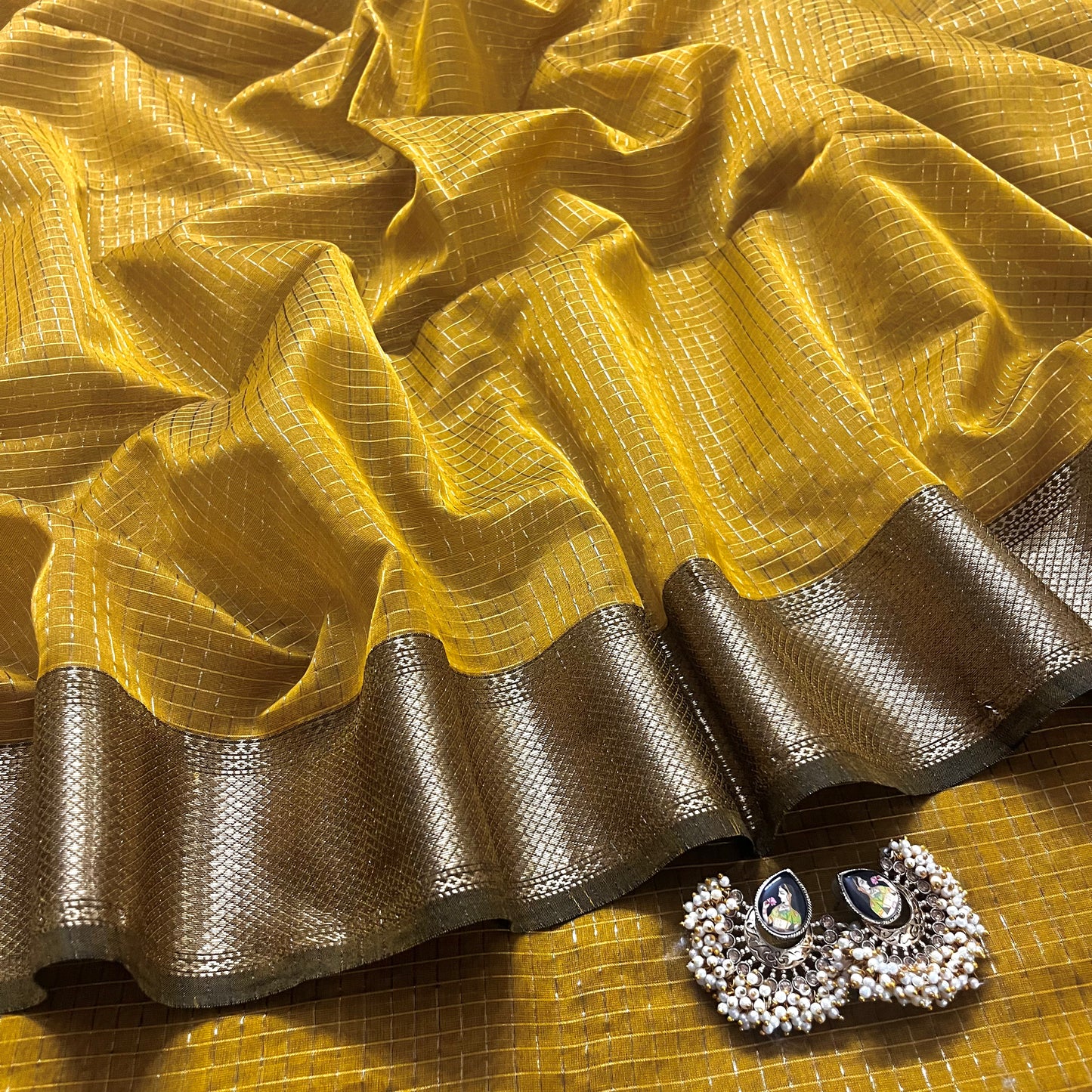 Mustard maheshwari saree with zari checks all over