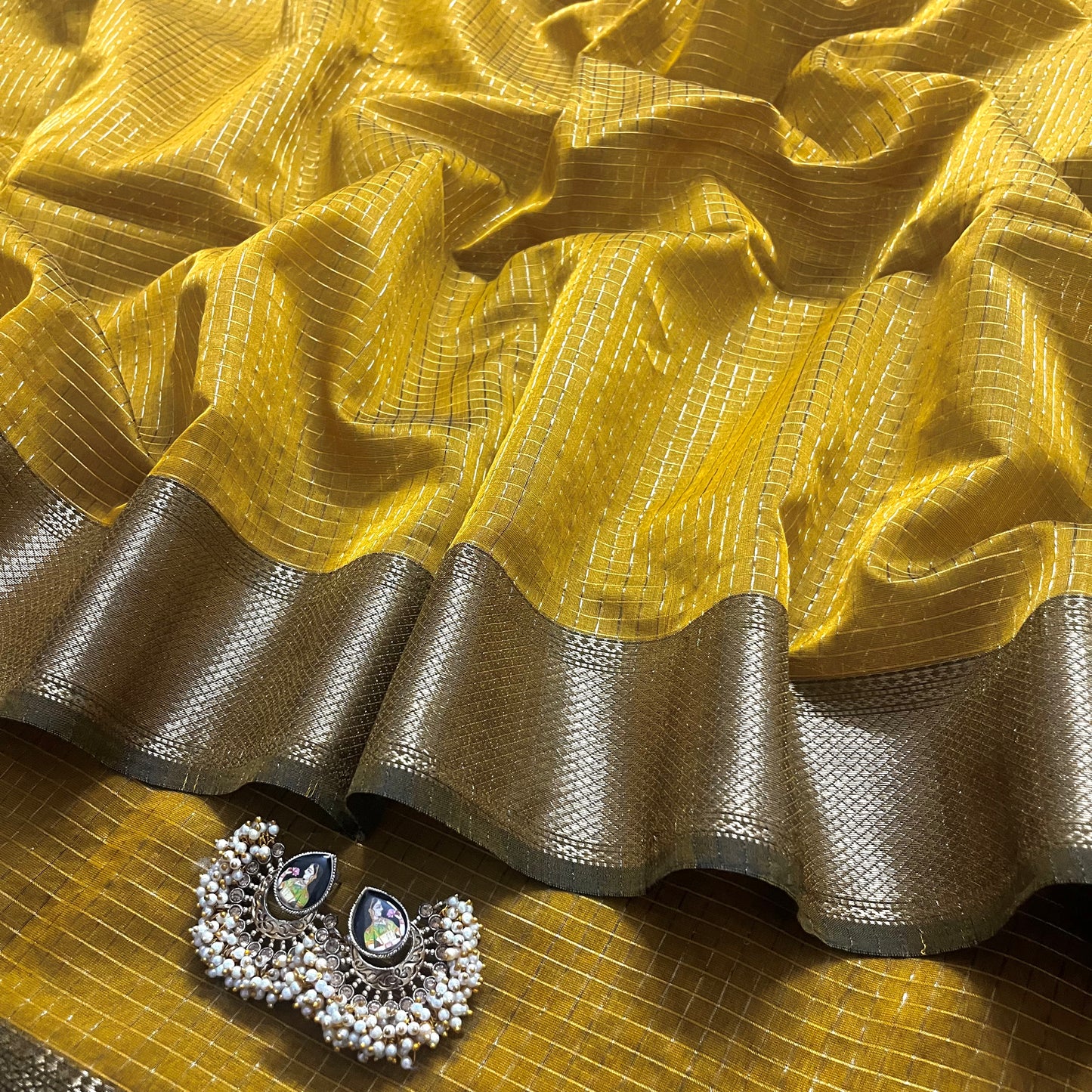 Mustard maheshwari saree with zari checks all over