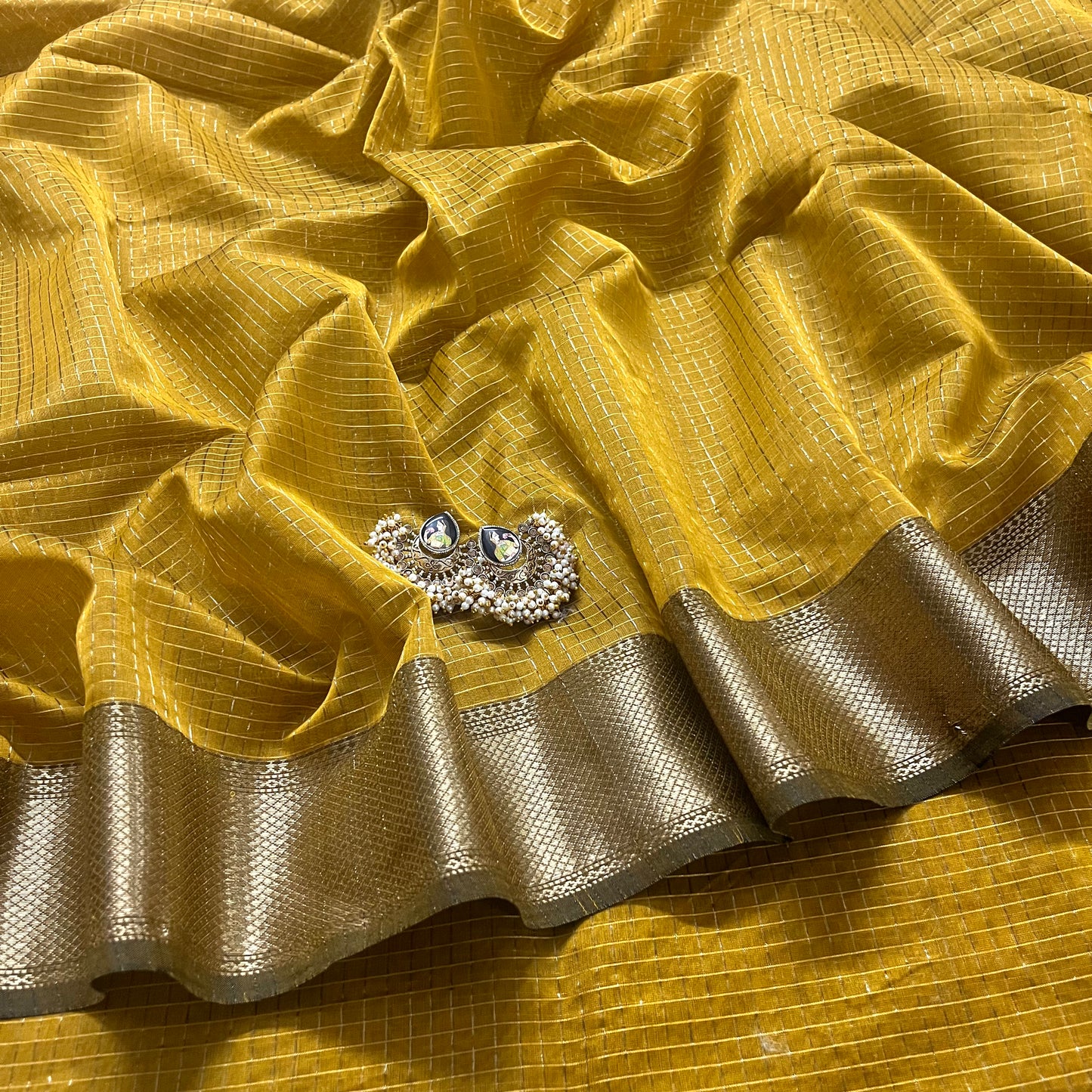 Mustard maheshwari saree with zari checks all over