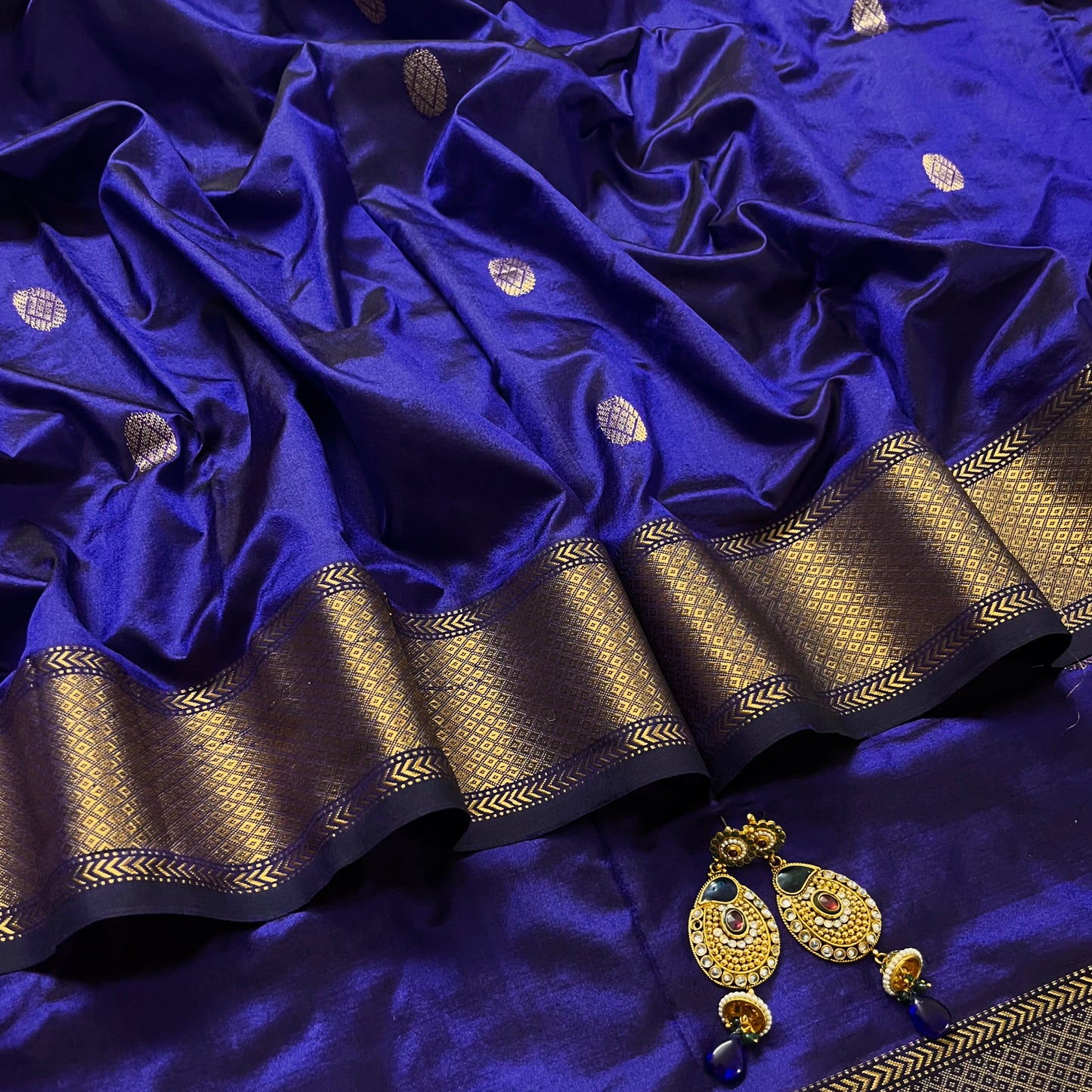 Dark blue maheshwari silk saree with zari bootis all over