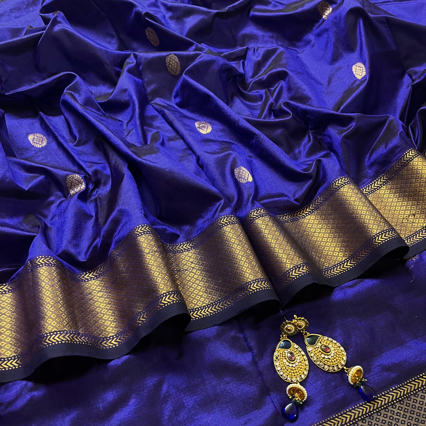 Dark blue maheshwari silk saree with zari bootis all over