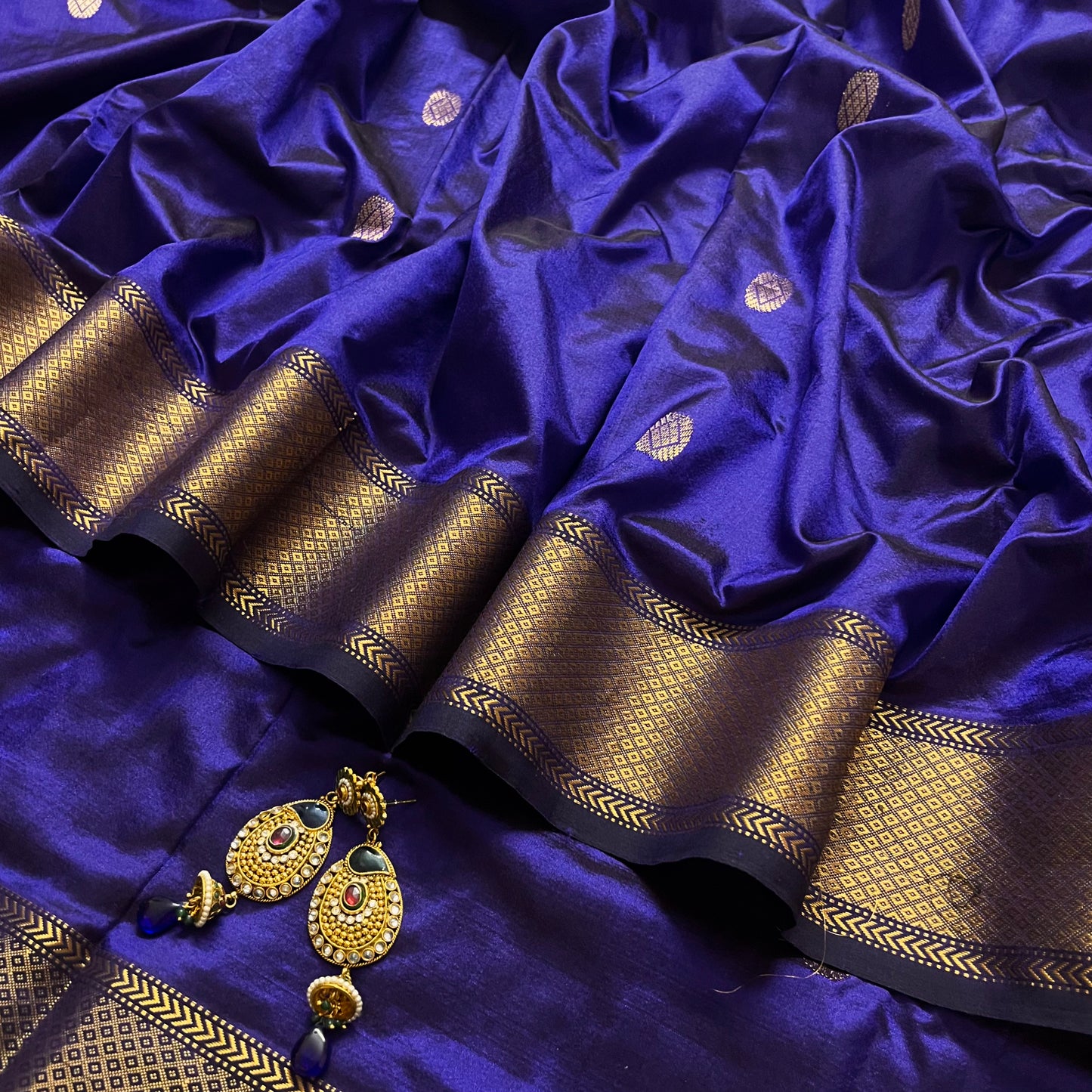 Dark blue maheshwari silk saree with zari bootis all over