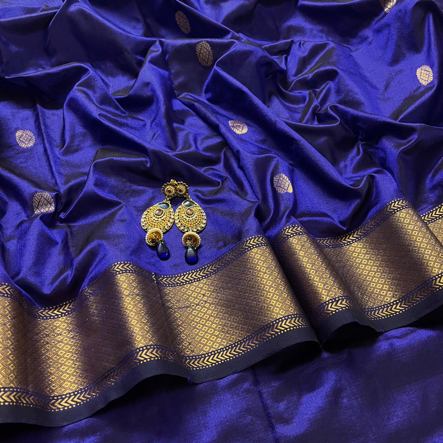 Dark blue maheshwari silk saree with zari bootis all over