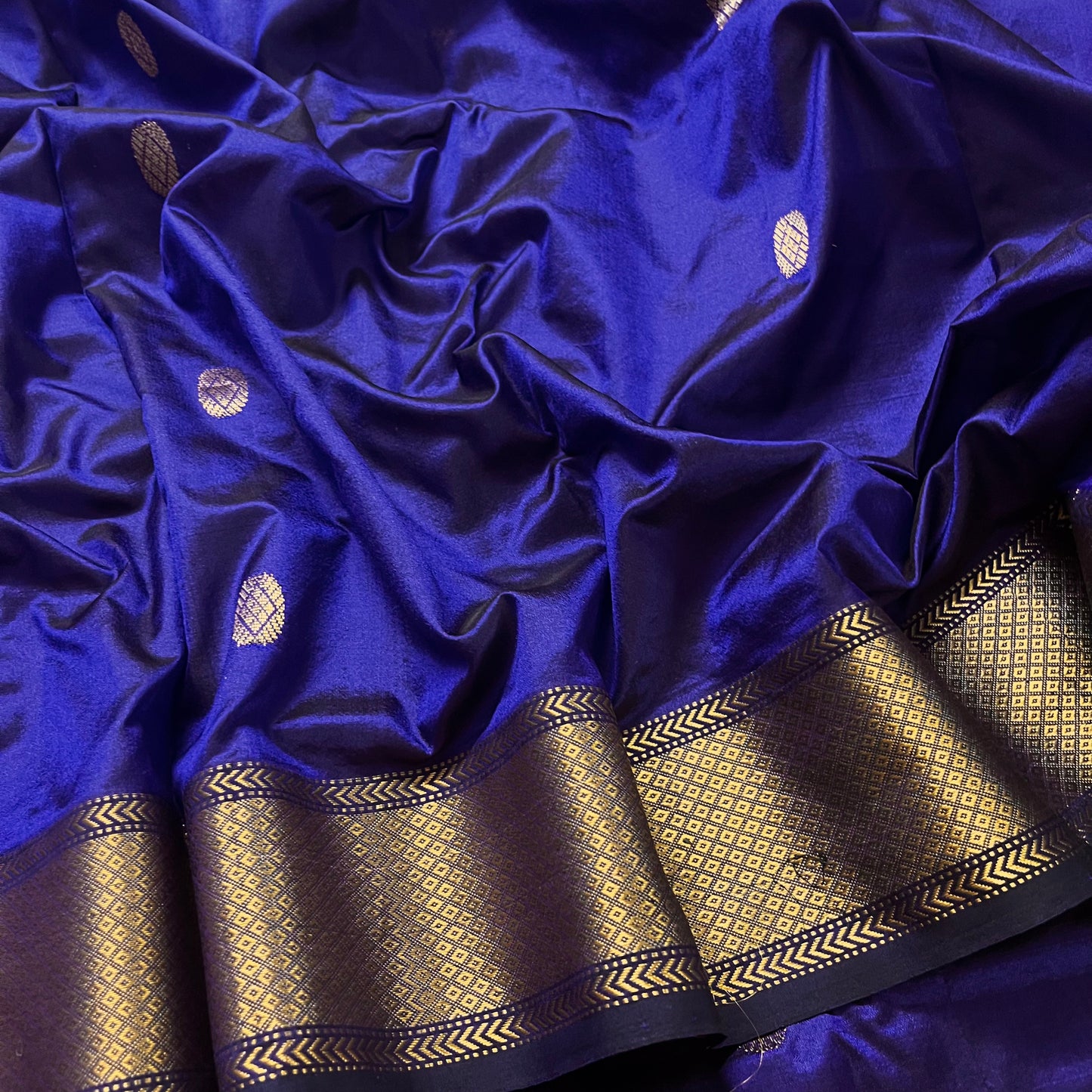 Dark blue maheshwari silk saree with zari bootis all over