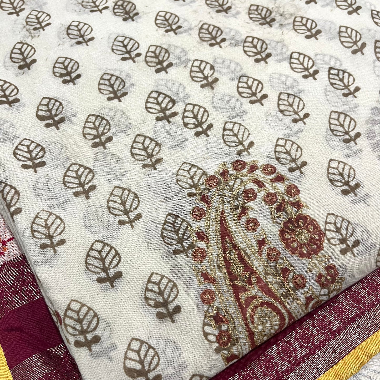 Off White & Olive Bagh Print Cotton Saree