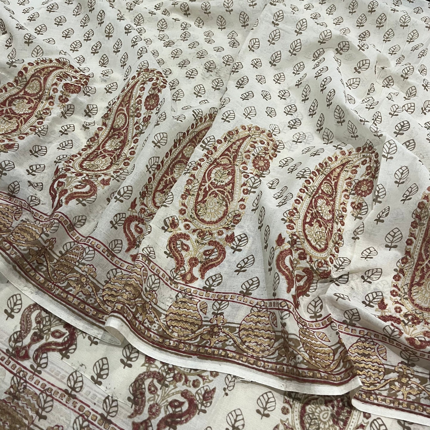 Off White & Olive Bagh Print Cotton Saree