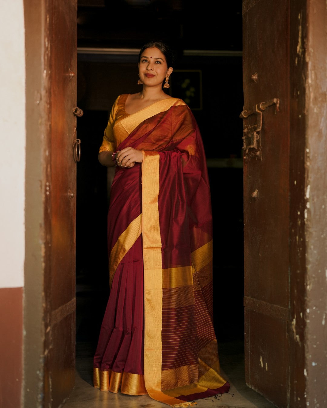 Maroon and yellow maheshwari with resham border