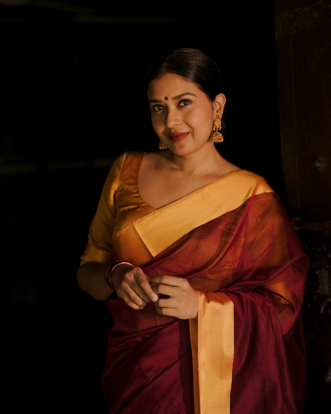 Maroon and yellow maheshwari with resham border