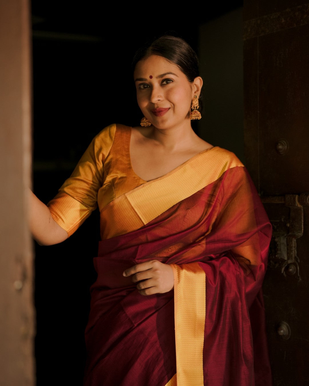 Maroon and yellow maheshwari with resham border