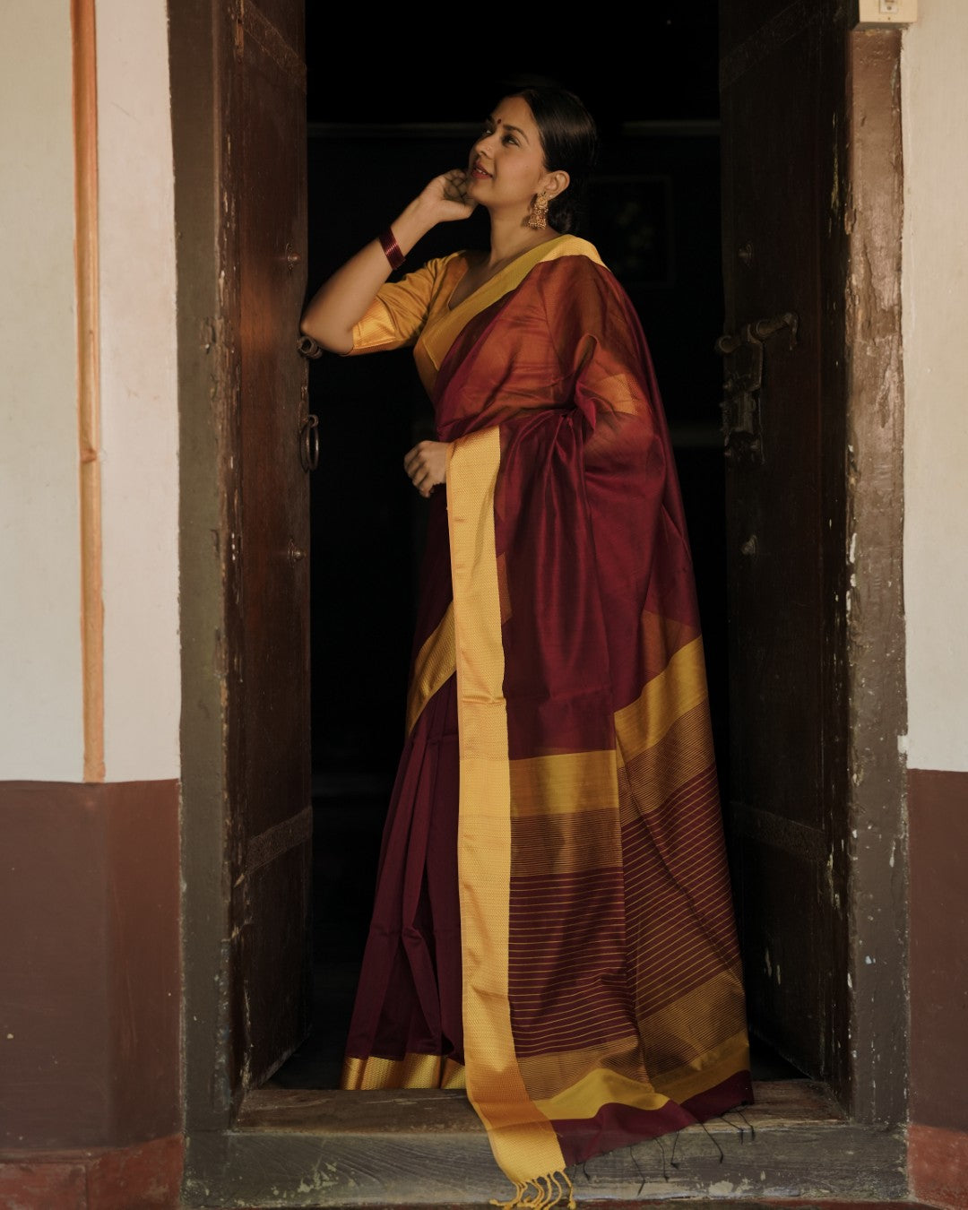 Maroon and yellow maheshwari with resham border