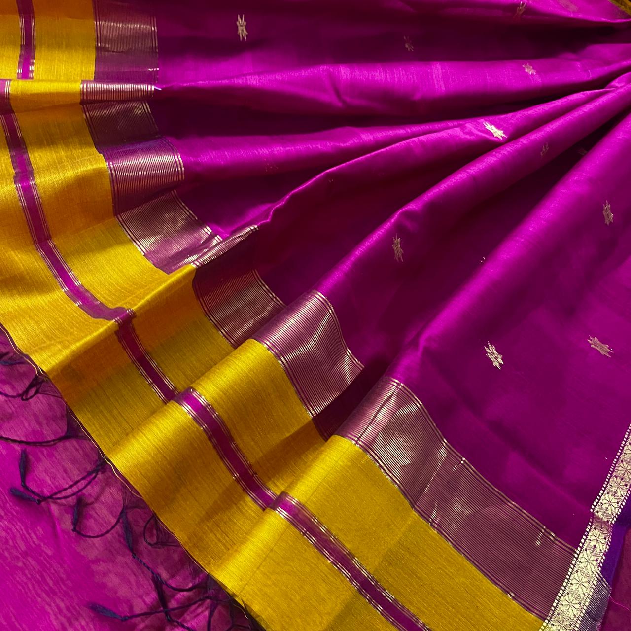 Mustard and pink maheshwari saree with flower bootis all over