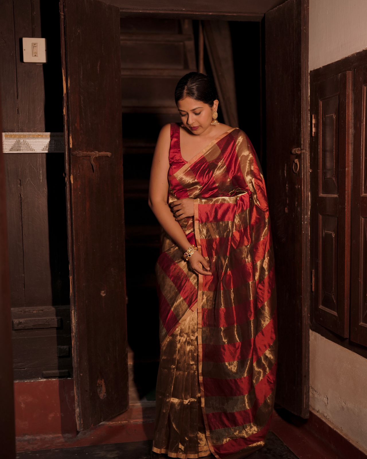 Deep maroon and gold chanderi saree with zari stripes
