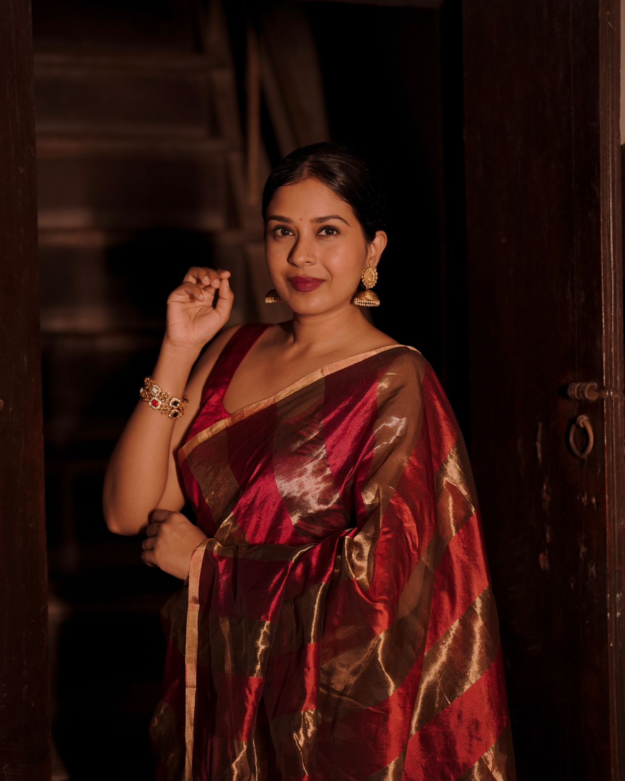 Deep maroon and gold chanderi saree with zari stripes